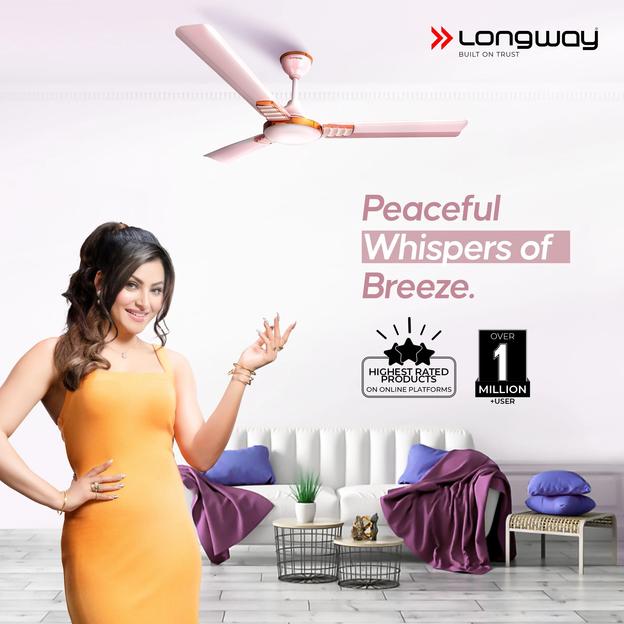 Longway Wave P1 1200 mm/48 inch Ultra High Speed 3 Blade Anti-Dust Decorative Ceiling Fan (Pack of 1) - Image 3