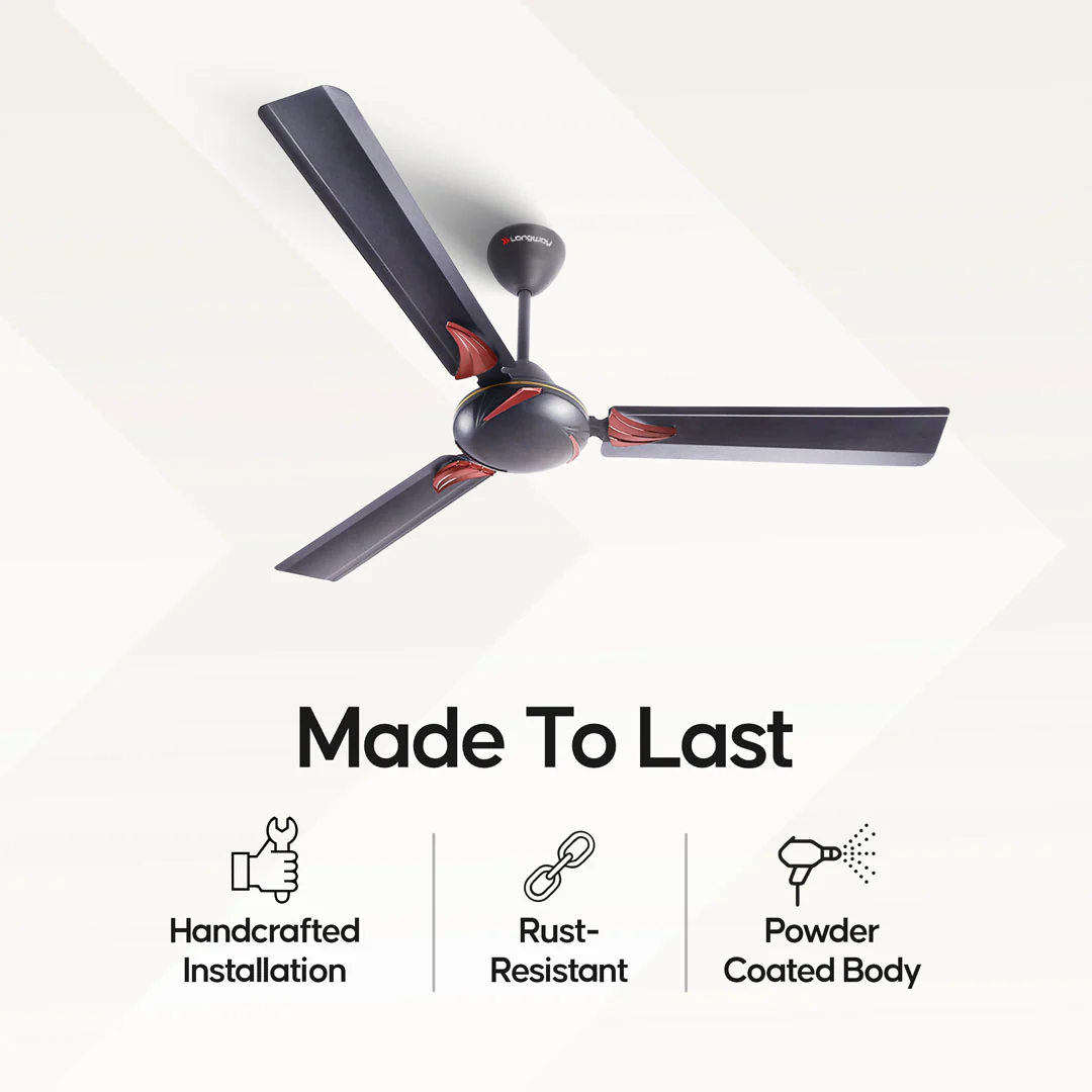 Longway Creta P2 1200 mm/48 inch Ultra High Speed 3 Blade Anti-Dust Decorative Star Rated Ceiling Fan (Smoked Brown, Pack of 2) - Image 7