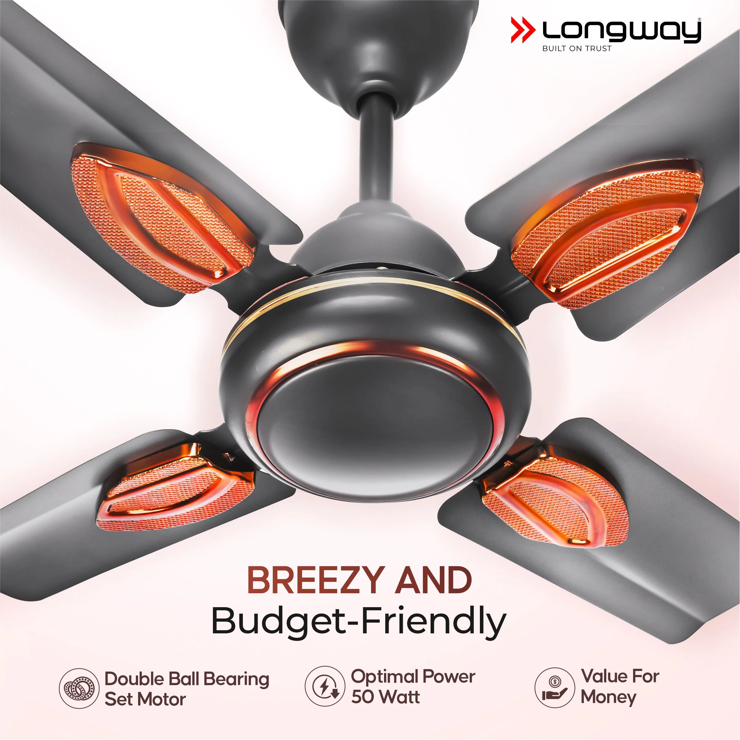 Longway Kiger P1 600 mm/24 inch Ultra High Speed 4 Blade Anti-Dust Decorative 5-Star Rated Ceiling Fan (Smoked Brown, Pack of 1) - Image 4