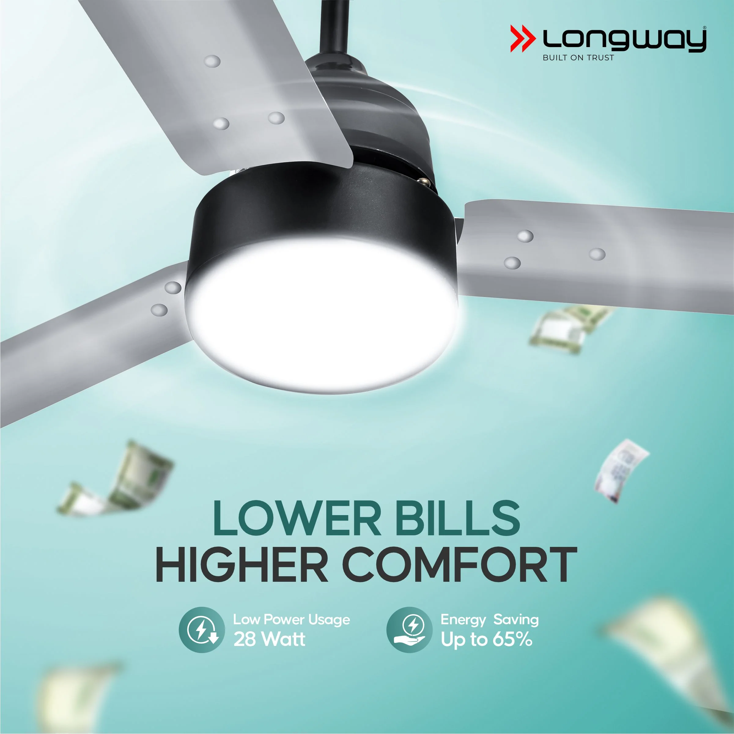 Longway Luminair 1200 mm BLDC Ceiling Fan with Remote Control & LED Light | BEE 5 Star Rated Energy Efficient | Ultra High Speed 3 Blade Anti-Dust Decorative Ceiling Fan | 5 Years Warranty (Gray, Pack of 2) - Image 3