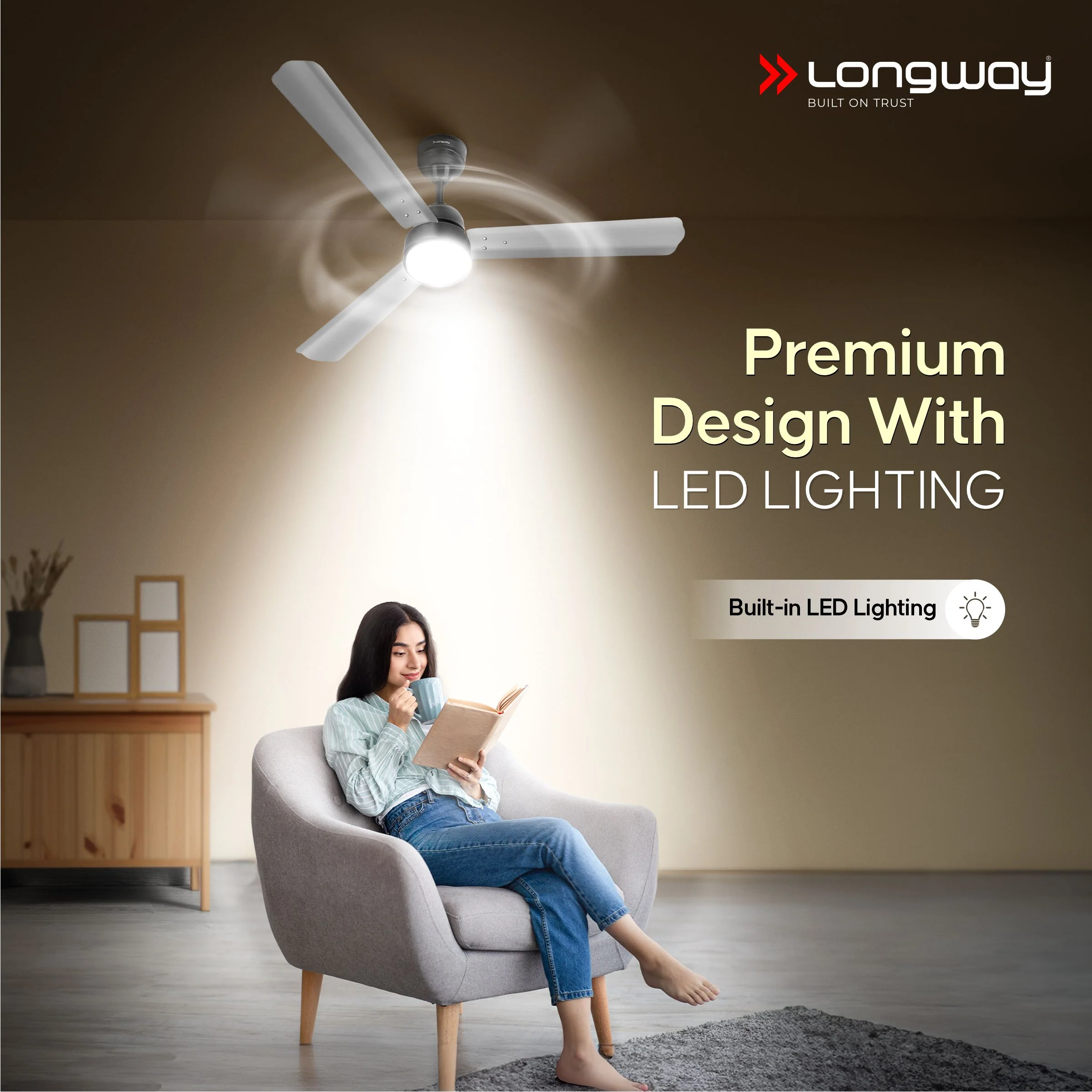 Longway Luminair 1200 mm BLDC Ceiling Fan with Remote Control & LED Light | BEE 5 Star Rated Energy Efficient | Ultra High Speed 3 Blade Anti-Dust Decorative Ceiling Fan | 5 Years Warranty (Gray, Pack of 2) - Image 5
