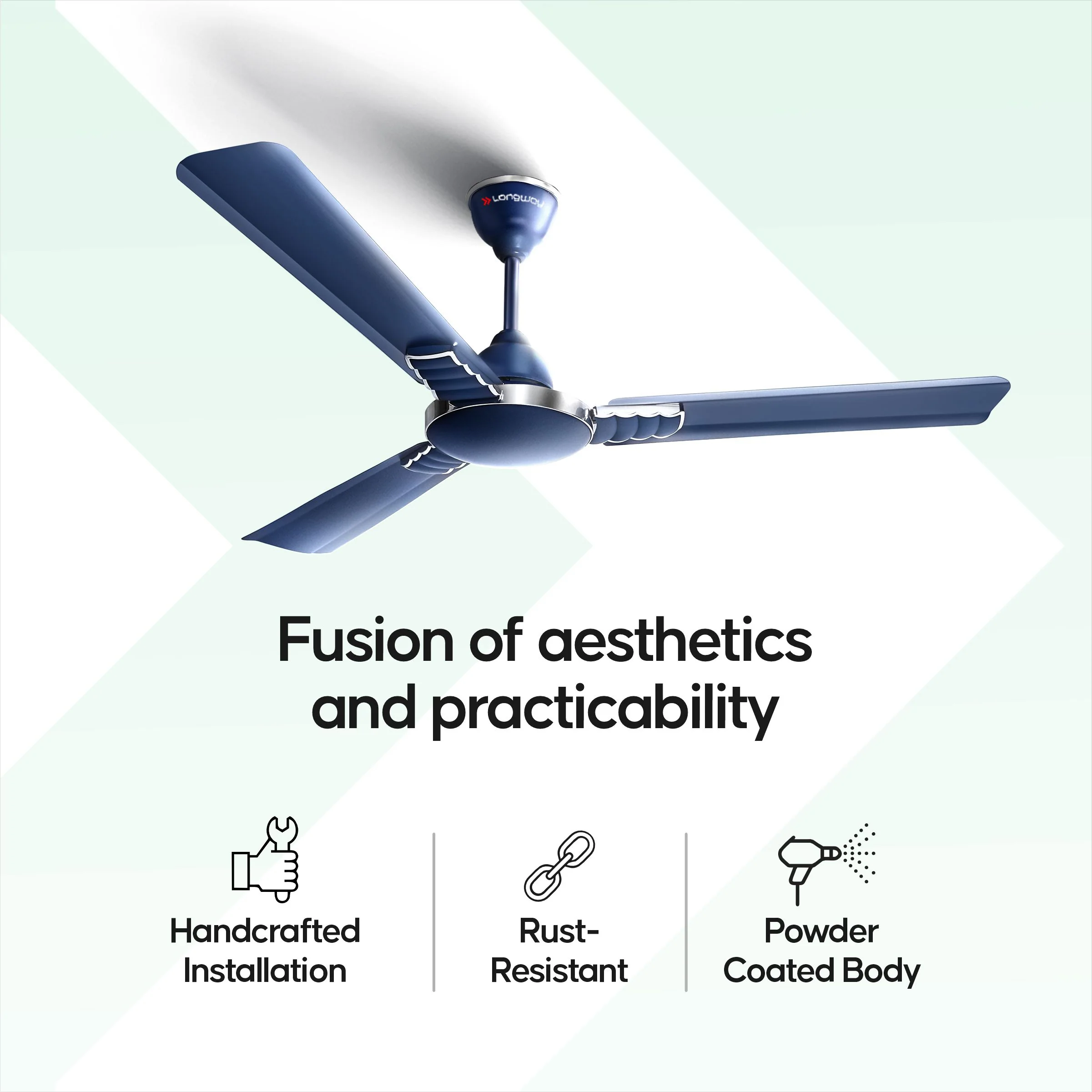 Longway Wave P2 1200 mm/48 inch 400 RPM Ultra High Speed 3 Blade Star Rated Anti-Dust Decorative Ceiling Fan (Silver Blue, Pack of 2) - Image 7