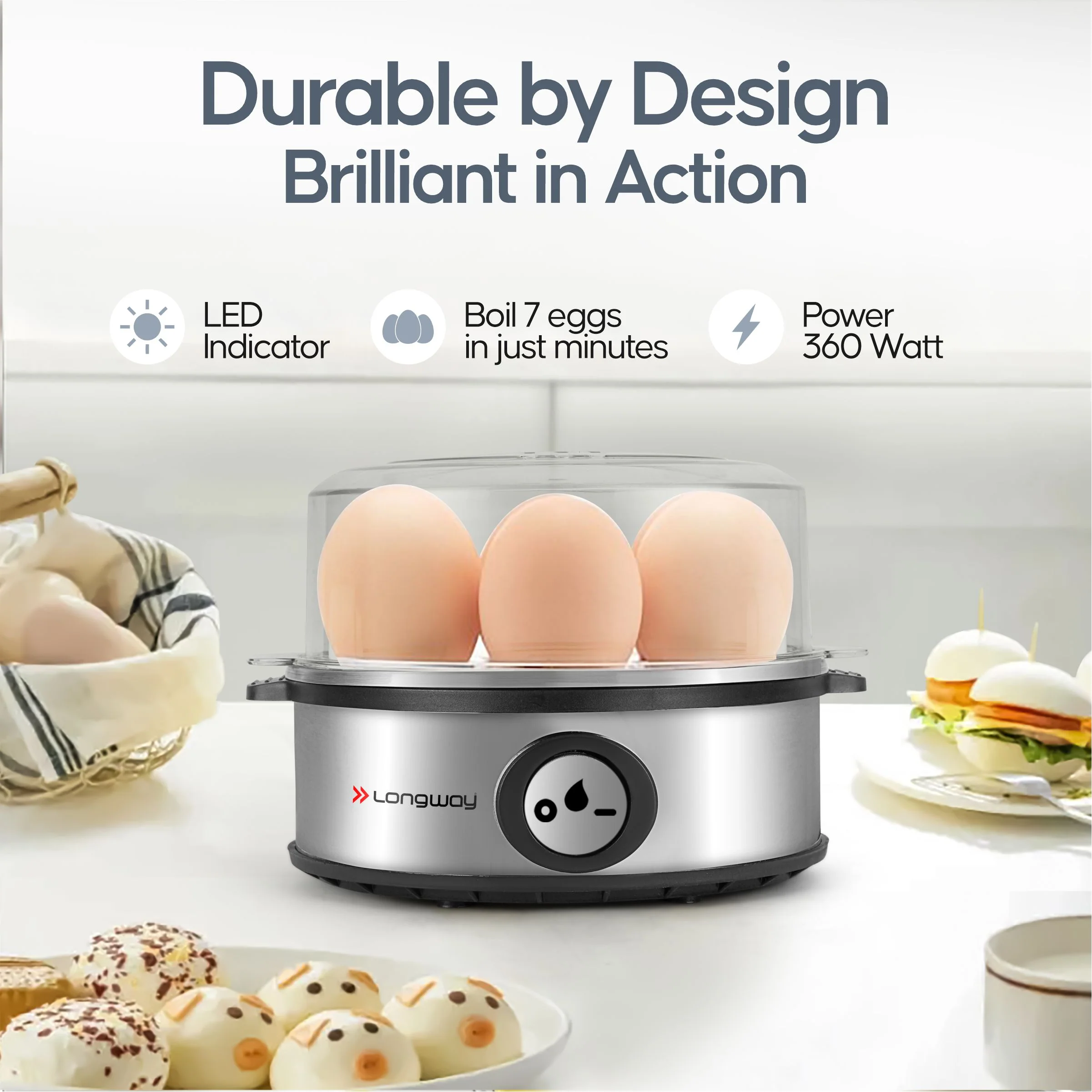 Longway Champ 360 Watt Stainless Steel Egg Boiler/Cooker for Steaming, (Silver, 7 Eggs) - Image 4