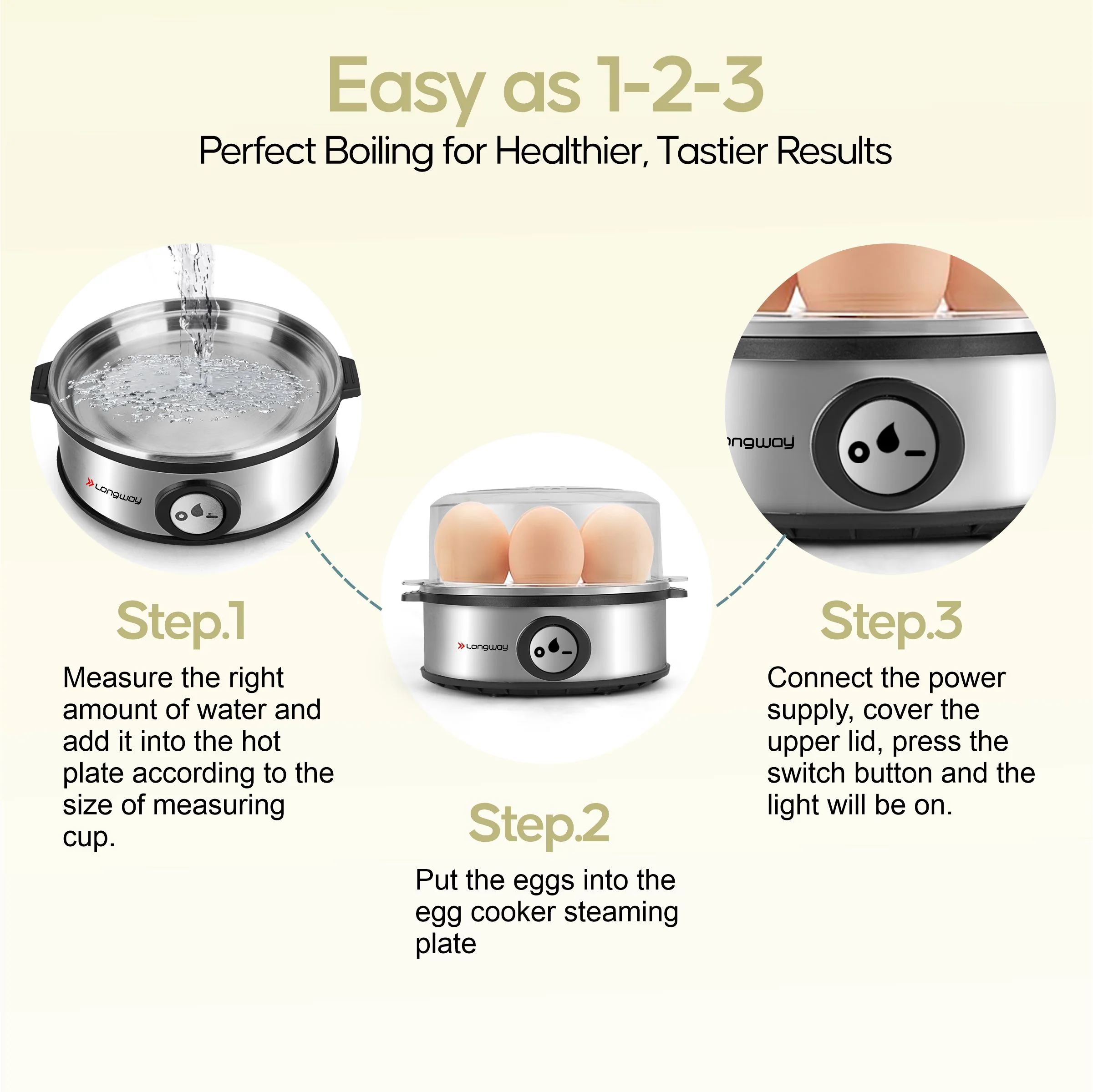 Longway Champ 360 Watt Stainless Steel Egg Boiler/Cooker for Steaming, (Silver, 7 Eggs) - Image 6
