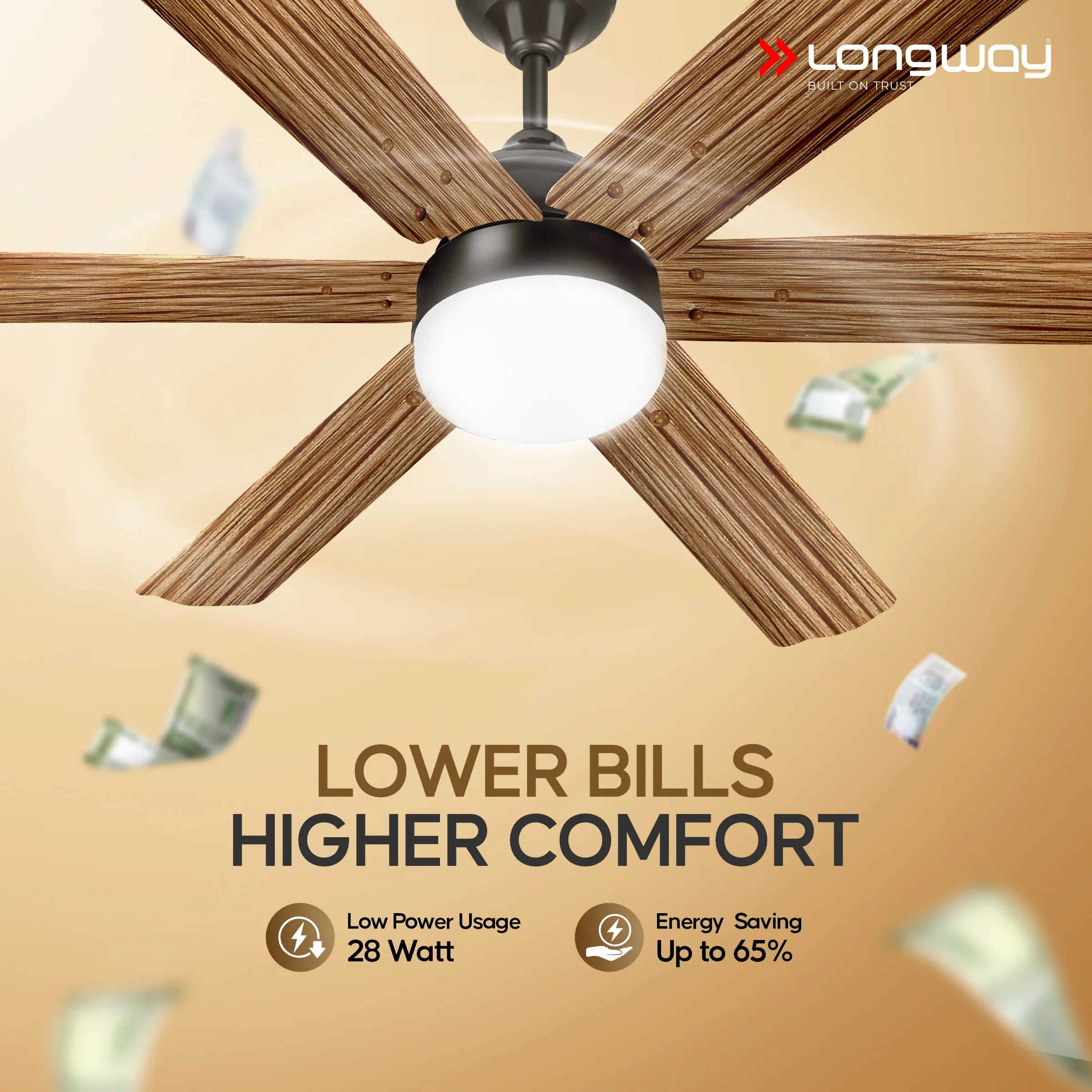 Longway Luminair Max 1200 mm BLDC Ceiling Fan with Remote Control & LED Light | BEE 5 Star Rated Energy Efficient | Ultra High Speed 6 Blade Anti-Dust Decorative Ceiling Fan | 5 Years Warranty (Smoked Cedar, Pack of 1) - Image 3