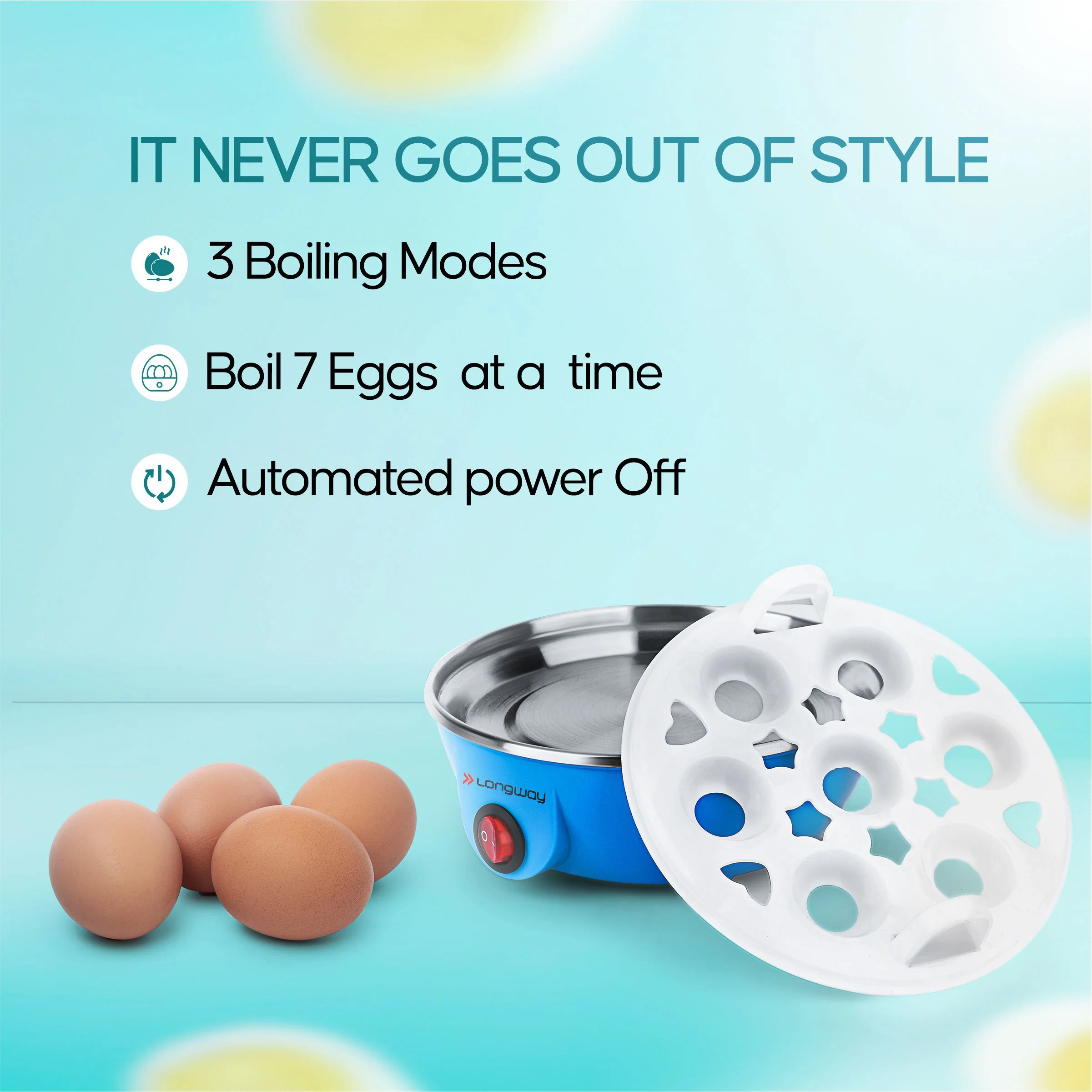 Longway Eggo 350 Watt Egg Boiler/Cooker for Steaming, Cooking & Boiling (Blue, 7 Eggs) - Image 3