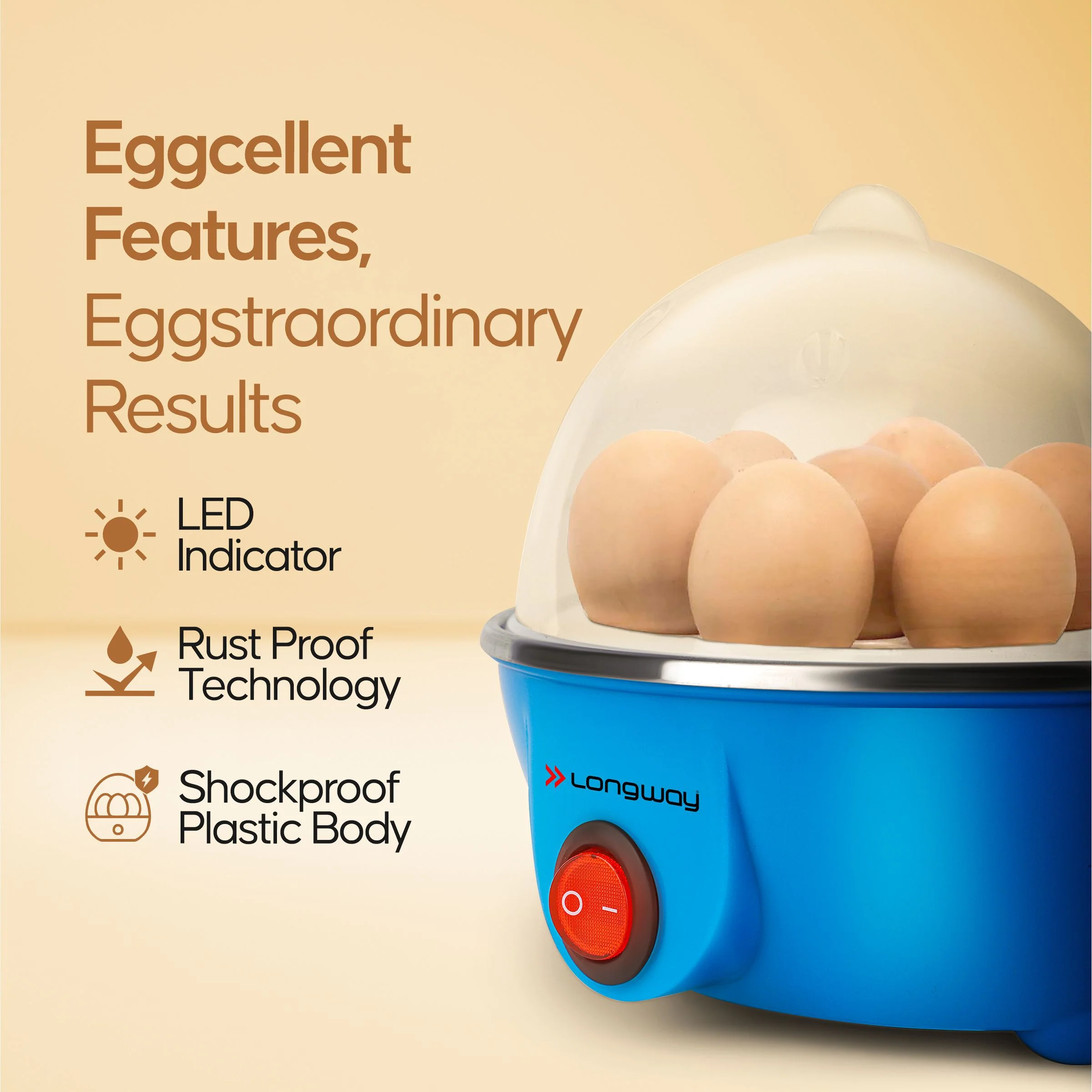 Longway Eggo 350 Watt Egg Boiler/Cooker for Steaming, Cooking & Boiling (Blue, 7 Eggs) - Image 5