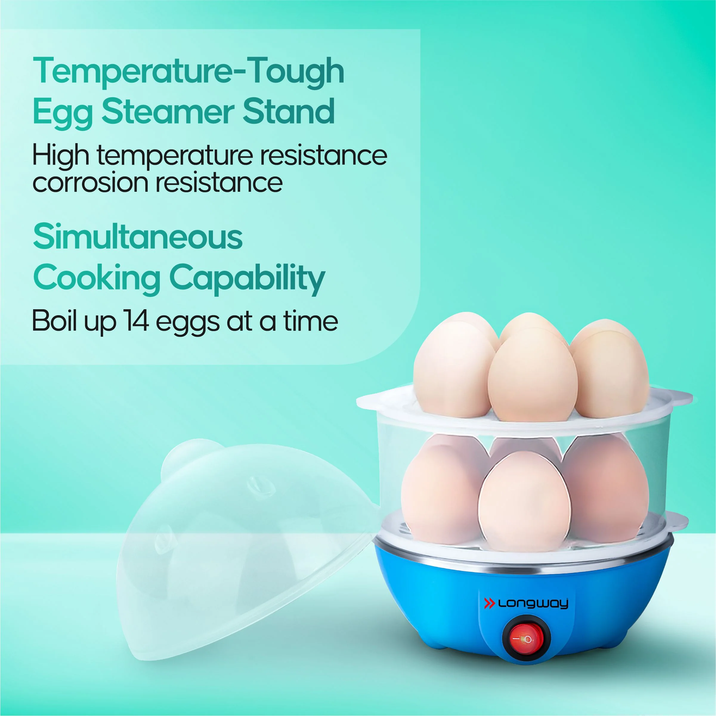 Longway Eggo 350 Watt Egg Boiler/Cooker for Steaming, Cooking & Boiling (Blue, 14 Eggs) - Image 3