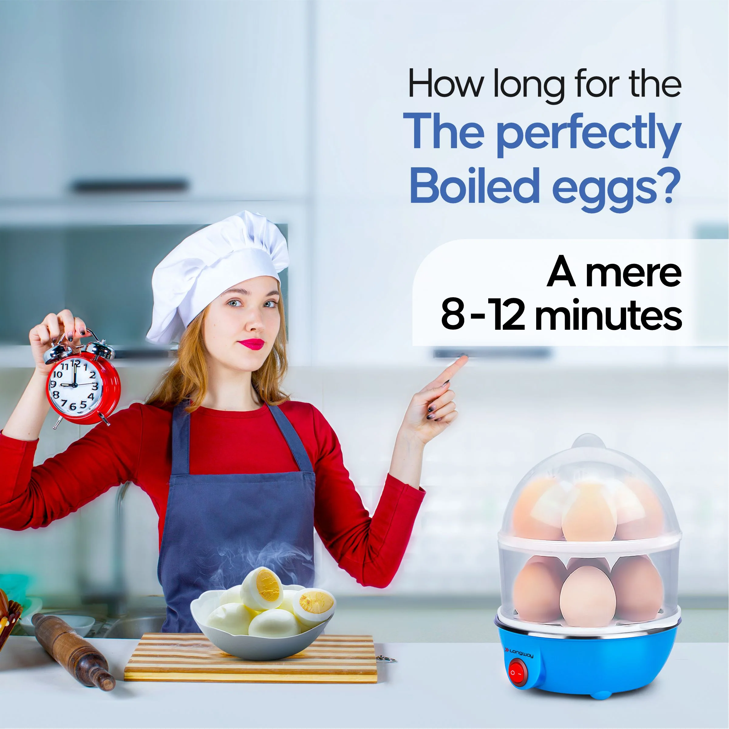 Longway Eggo 350 Watt Egg Boiler/Cooker for Steaming, Cooking & Boiling (Blue, 14 Eggs) - Image 4