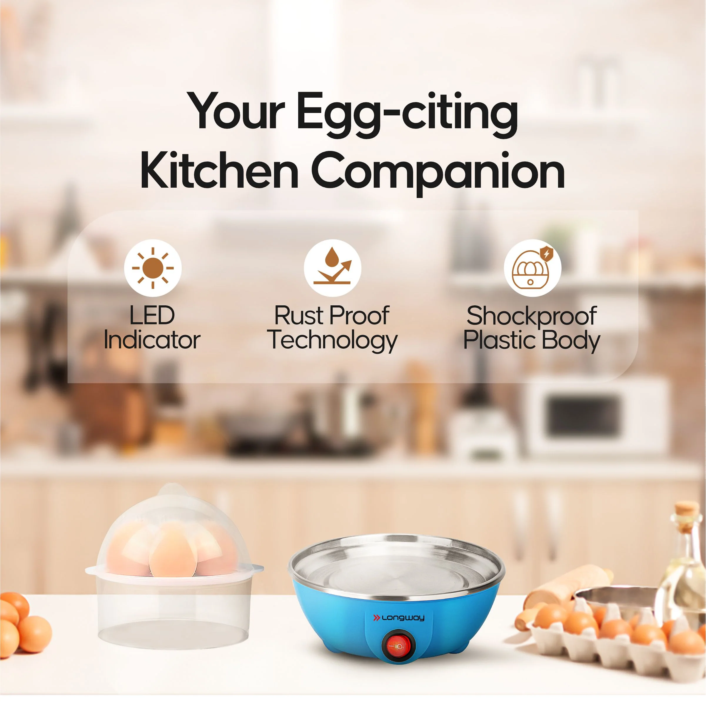 Longway Eggo 350 Watt Egg Boiler/Cooker for Steaming, Cooking & Boiling (Blue, 14 Eggs) - Image 5