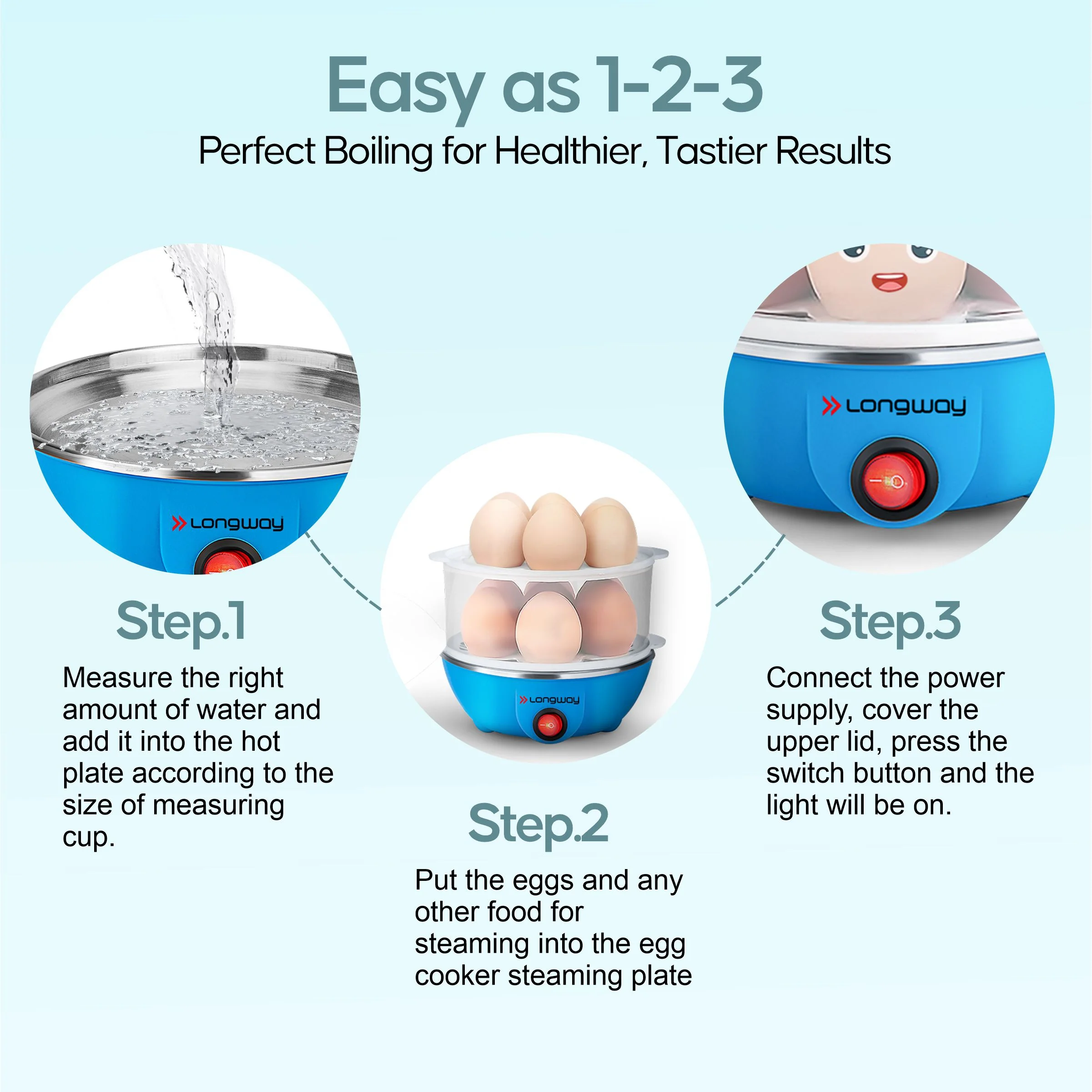 Longway Eggo 350 Watt Egg Boiler/Cooker for Steaming, Cooking & Boiling (Blue, 14 Eggs) - Image 7
