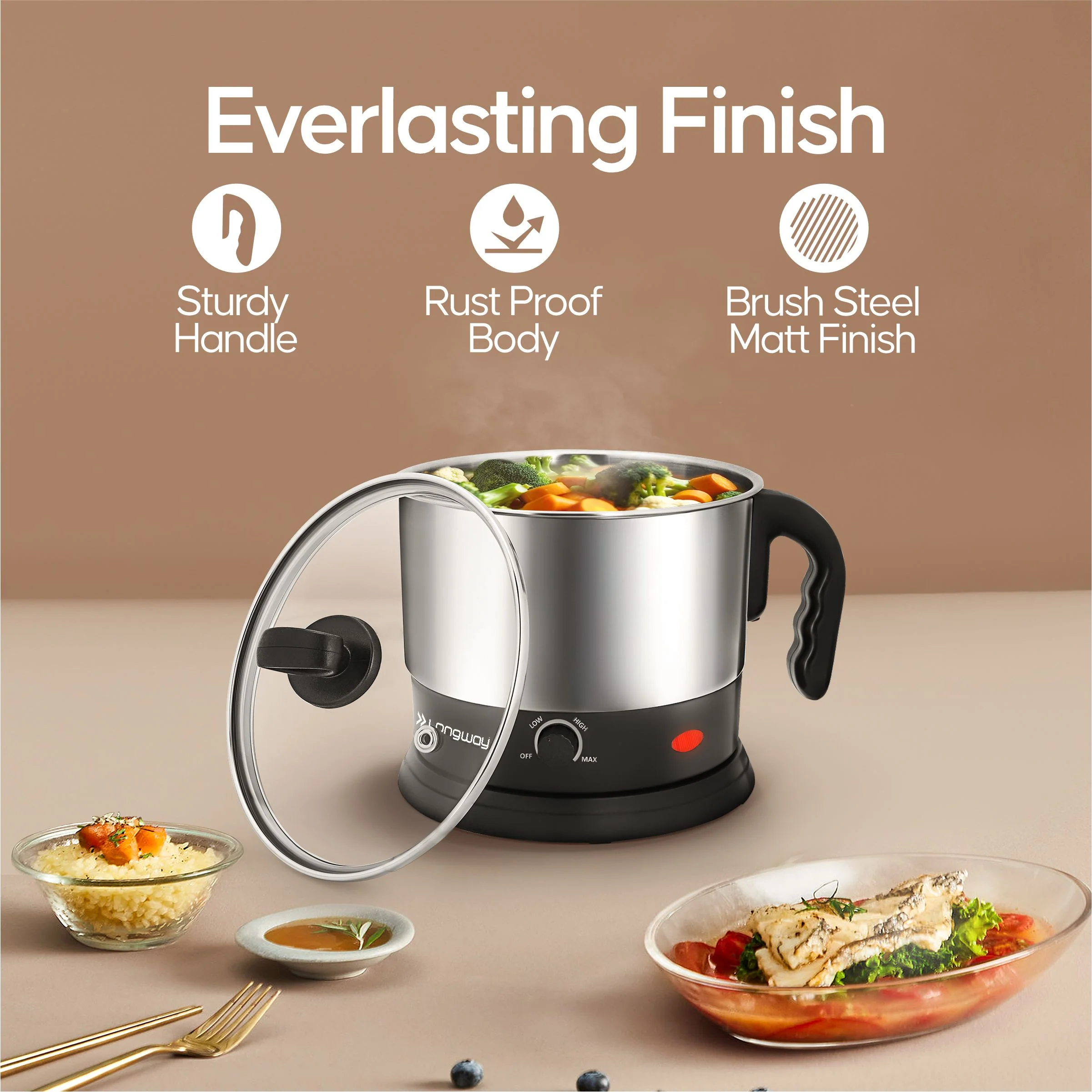 Longway Handy 1.5 Ltr Multi-Cooker Electric Kettle with Stainless Steel Body for Boiling & Cooking (Black & Silver, 600 Watt) - Image 3