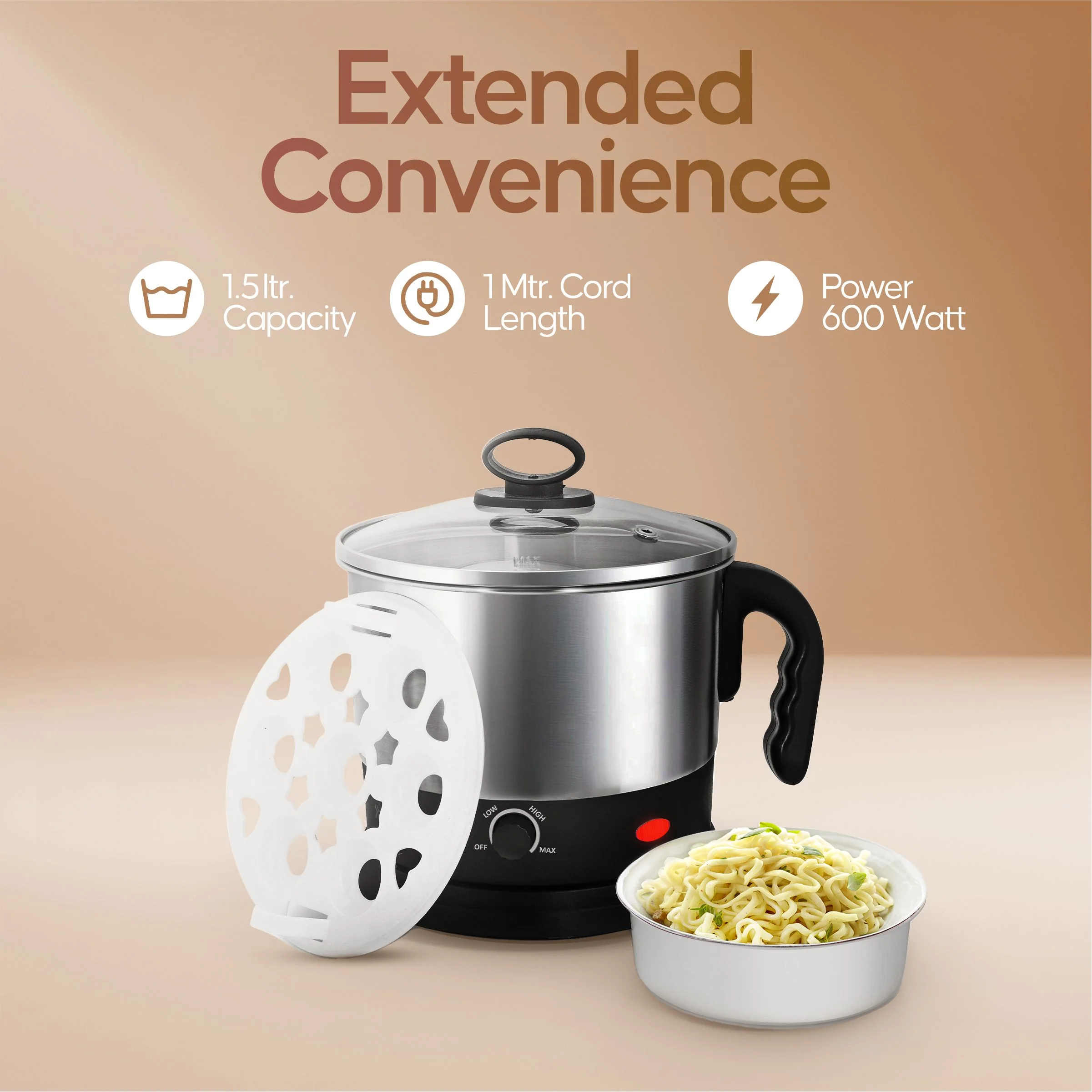 Longway Handy 1.5 Ltr Multi-Cooker Electric Kettle with Stainless Steel Body for Boiling & Cooking (Black & Silver, 600 Watt) - Image 4