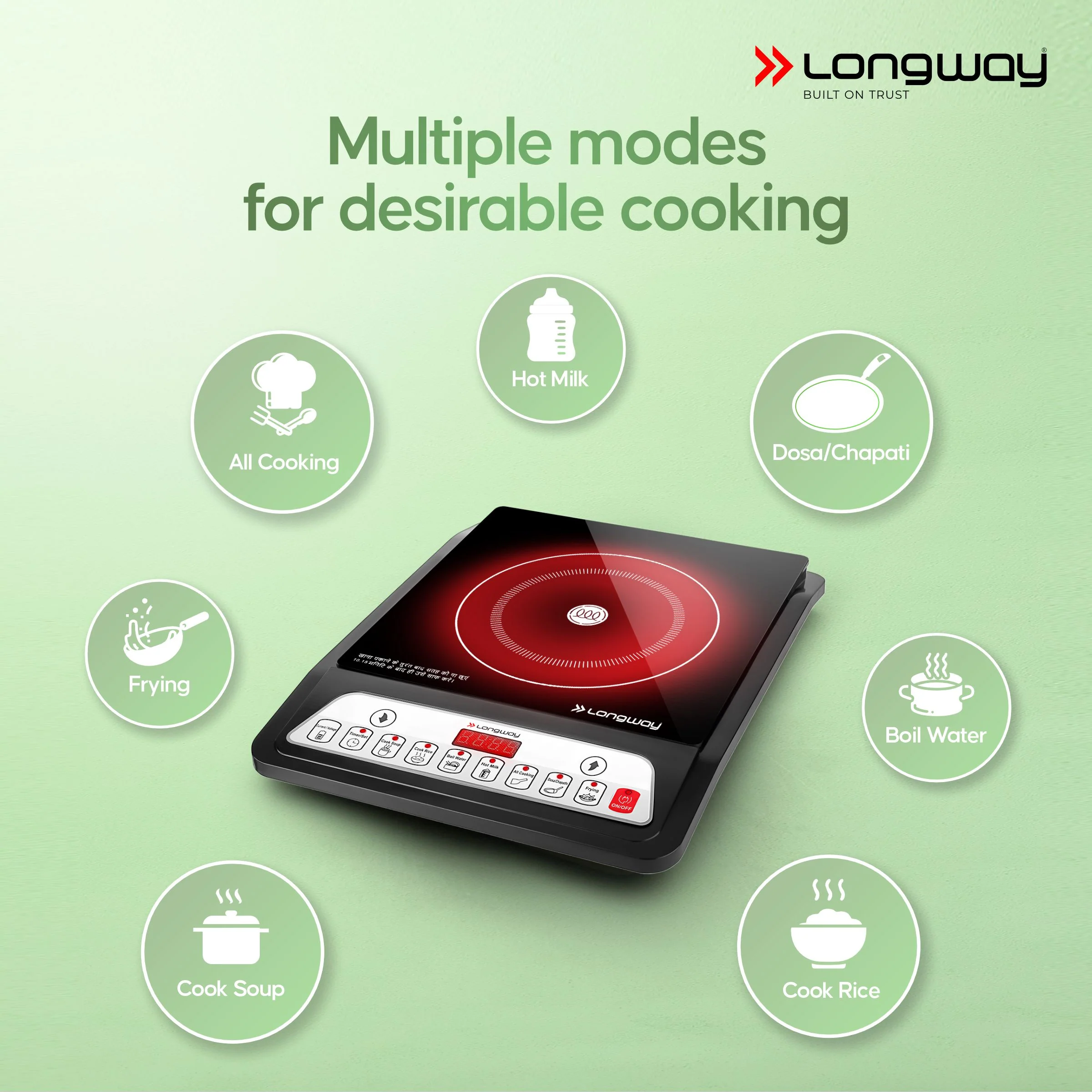 Longway Elite Plus IC 2000 Watt Induction Cooktop with Auto Shut-Off & Over-Heat Protection With 8 Cooking Mode & BIS Approved | 2-Years Warranty | (Black, Push Button) - Image 4