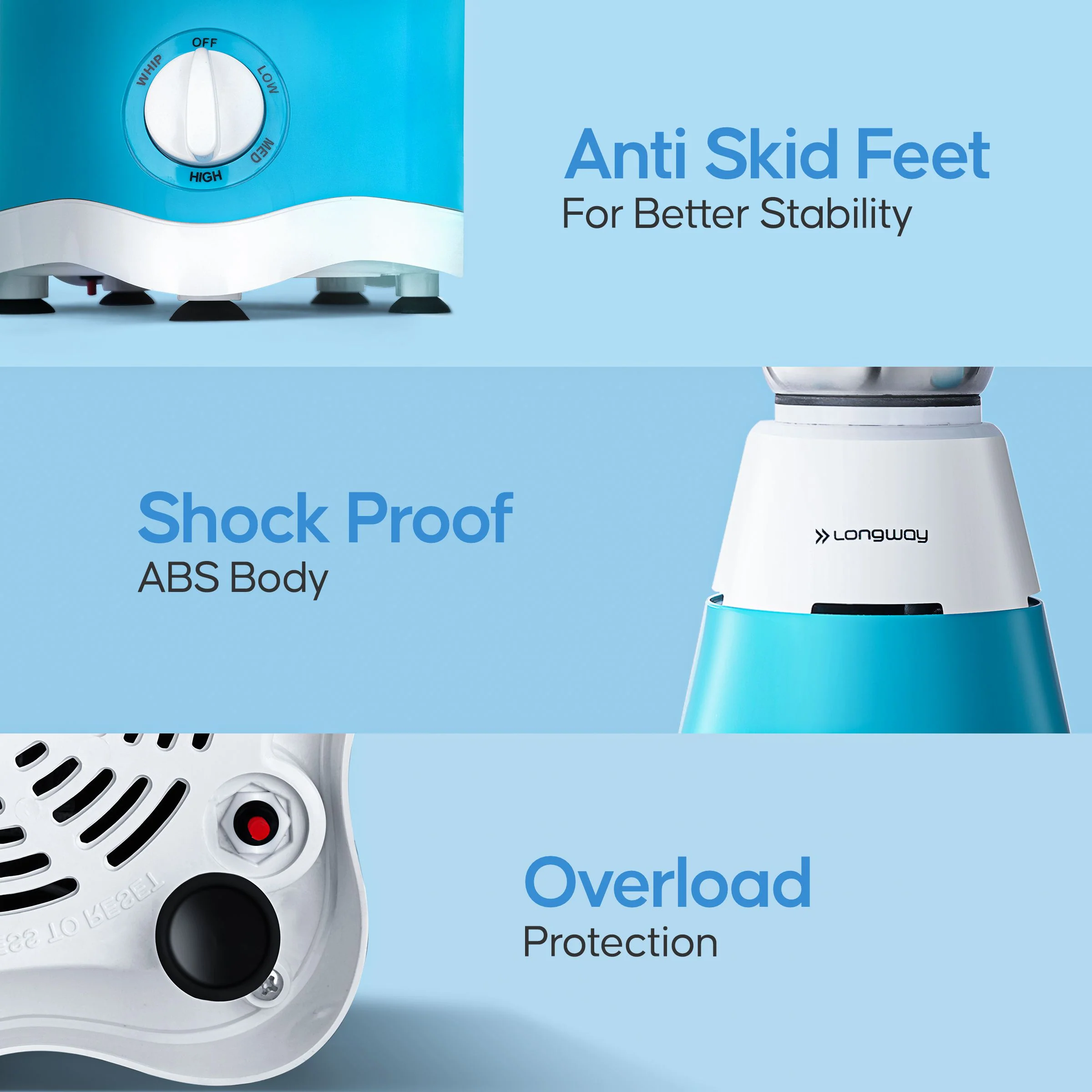 Longway Super Dlx Juicer Mixer Grinder | Up to 750 Watt Powerful Motor | 4 Jars for Grinding, Mixing, Juicing | 2 Year Warranty | Blue & White - Image 5