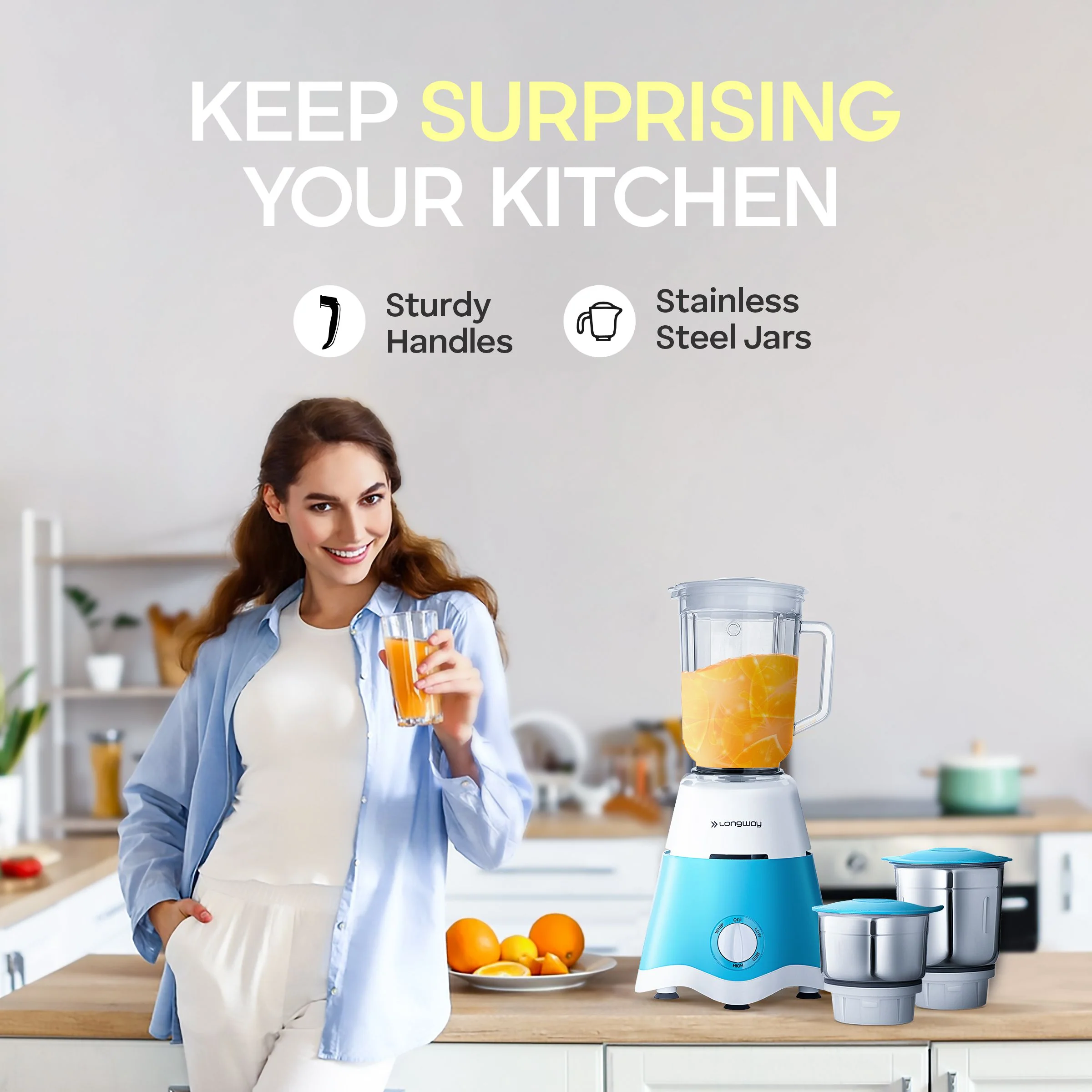 Longway Super Dlx Juicer Mixer Grinder | Up to 750 Watt Powerful Motor | 4 Jars for Grinding, Mixing, Juicing | 2 Year Warranty | Blue & White - Image 6