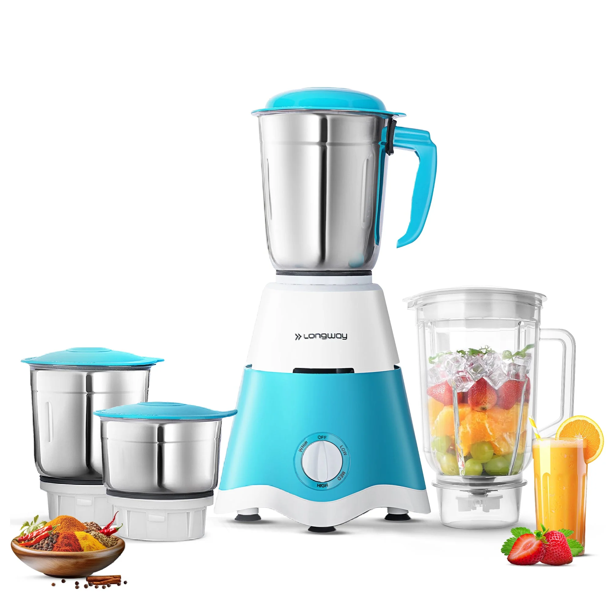 Longway Super Dlx Juicer Mixer Grinder | Up to 750 Watt Powerful Motor | 4 Jars for Grinding, Mixing, Juicing | 2 Year Warranty | Blue & White - Image 9