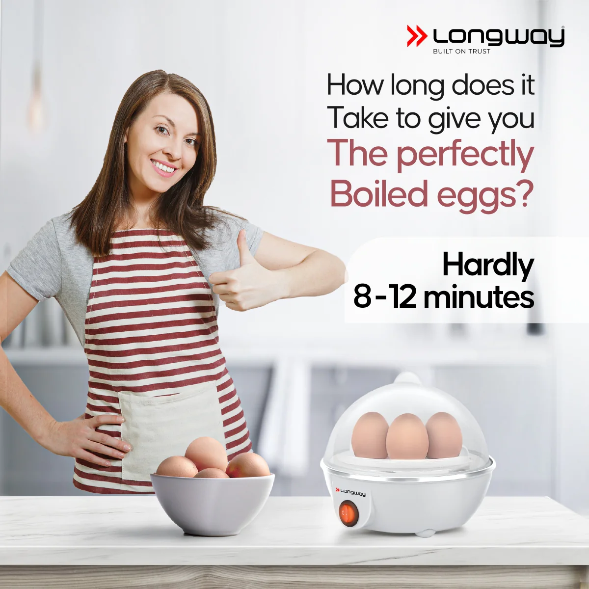 Longway Eggo 350 Watt Egg Boiler/Cooker for Steaming, Cooking & Boiling (White, 7 Eggs) - Image 4