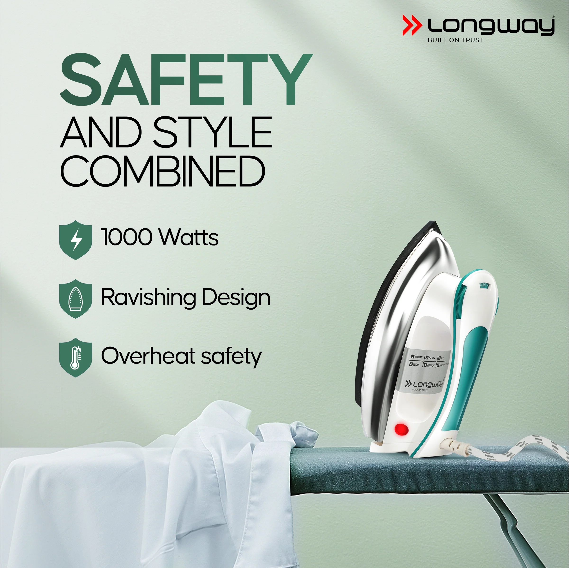 Longway Plancha Heavy Weight Non-Stick Teflon Coated Dry Iron, Electric Iron for Clothes | 2 Year Warranty| (1000 Watt, Blue) - Image 3