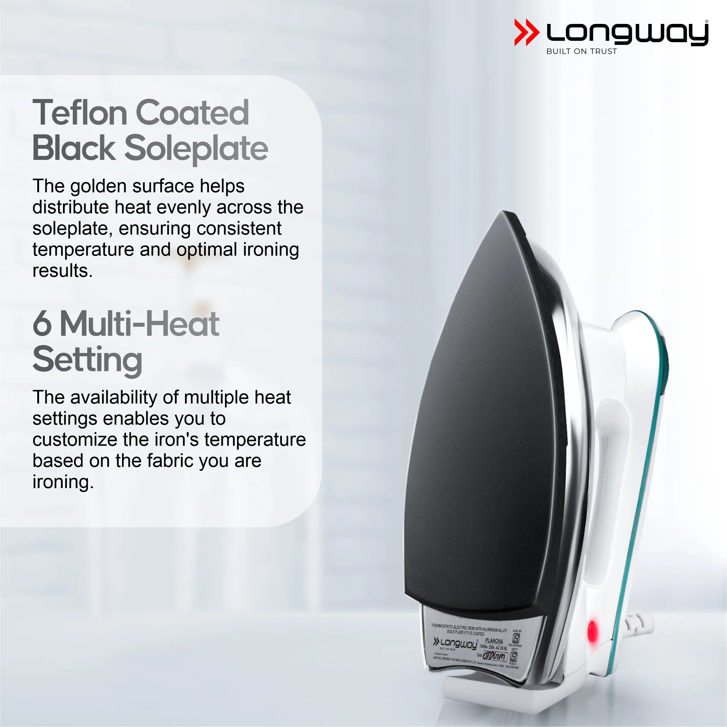 Longway Plancha Heavy Weight Non-Stick Teflon Coated Dry Iron, Electric Iron for Clothes | 2 Year Warranty| (1000 Watt, Blue) - Image 4