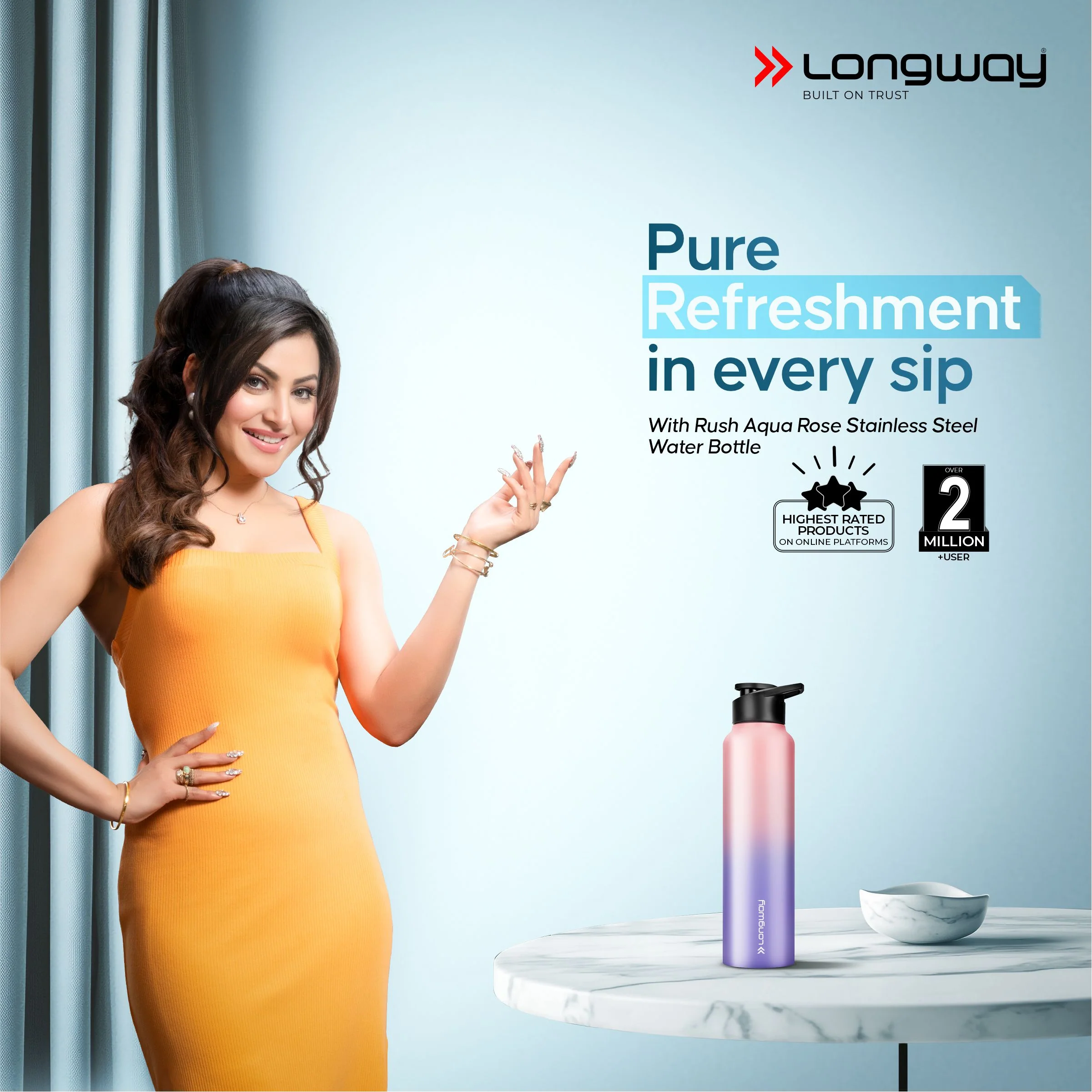 Longway Rush 1 Ltr Stainless Steel Water Bottle | Leak-Proof & Rust-Free Design | Perfect for School, Office, Home, Gym, Travel & Ideal for Men, Women & Kids (1000 ml, Aqua-Rose) - Image 10