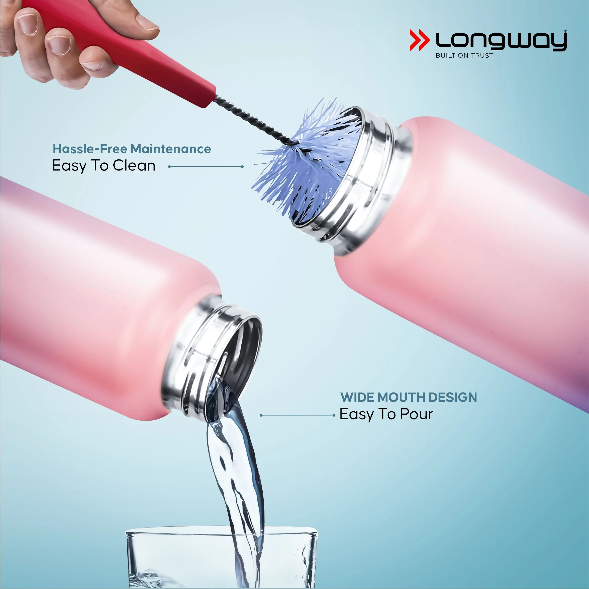 Longway Rush 1 Ltr Stainless Steel Water Bottle | Leak-Proof & Rust-Free Design | Perfect for School, Office, Home, Gym, Travel & Ideal for Men, Women & Kids (1000 ml, Aqua-Rose) - Image 14