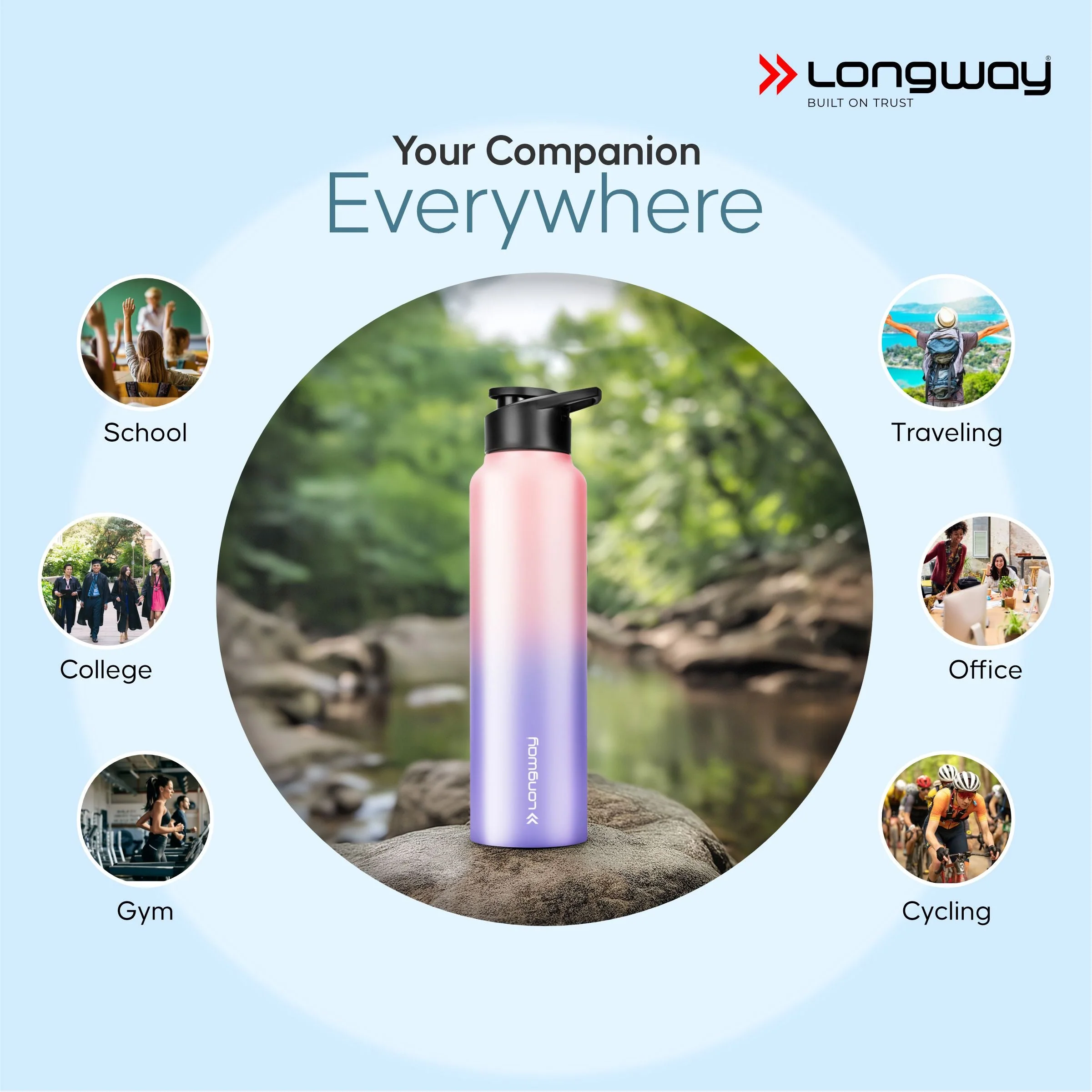 Longway Rush 1 Ltr Stainless Steel Water Bottle | Leak-Proof & Rust-Free Design | Perfect for School, Office, Home, Gym, Travel & Ideal for Men, Women & Kids (1000 ml, Aqua-Rose) - Image 15