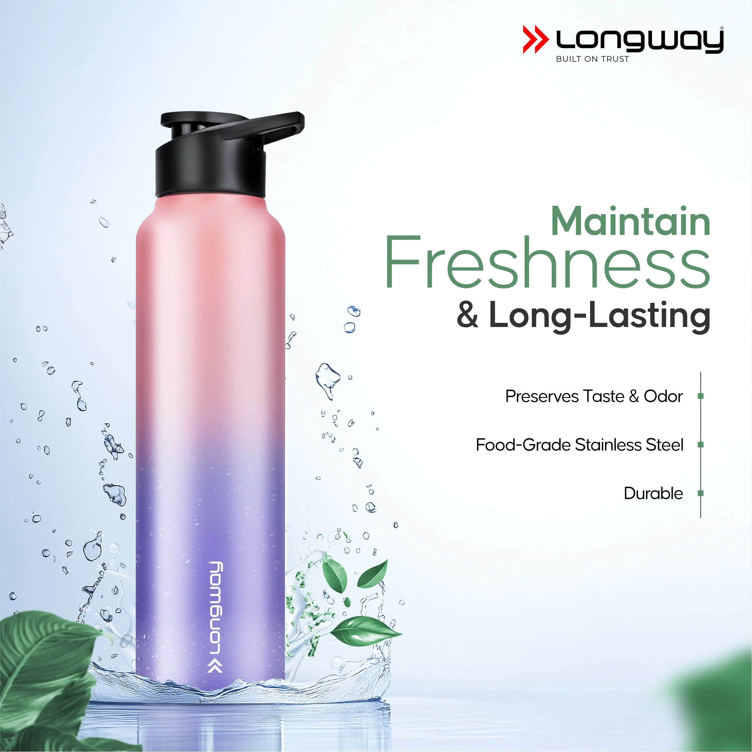 Longway Rush 1 Ltr Stainless Steel Water Bottle | Leak-Proof & Rust-Free Design | Perfect for School, Office, Home, Gym, Travel & Ideal for Men, Women & Kids (1000 ml, Aqua-Rose) - Image 3