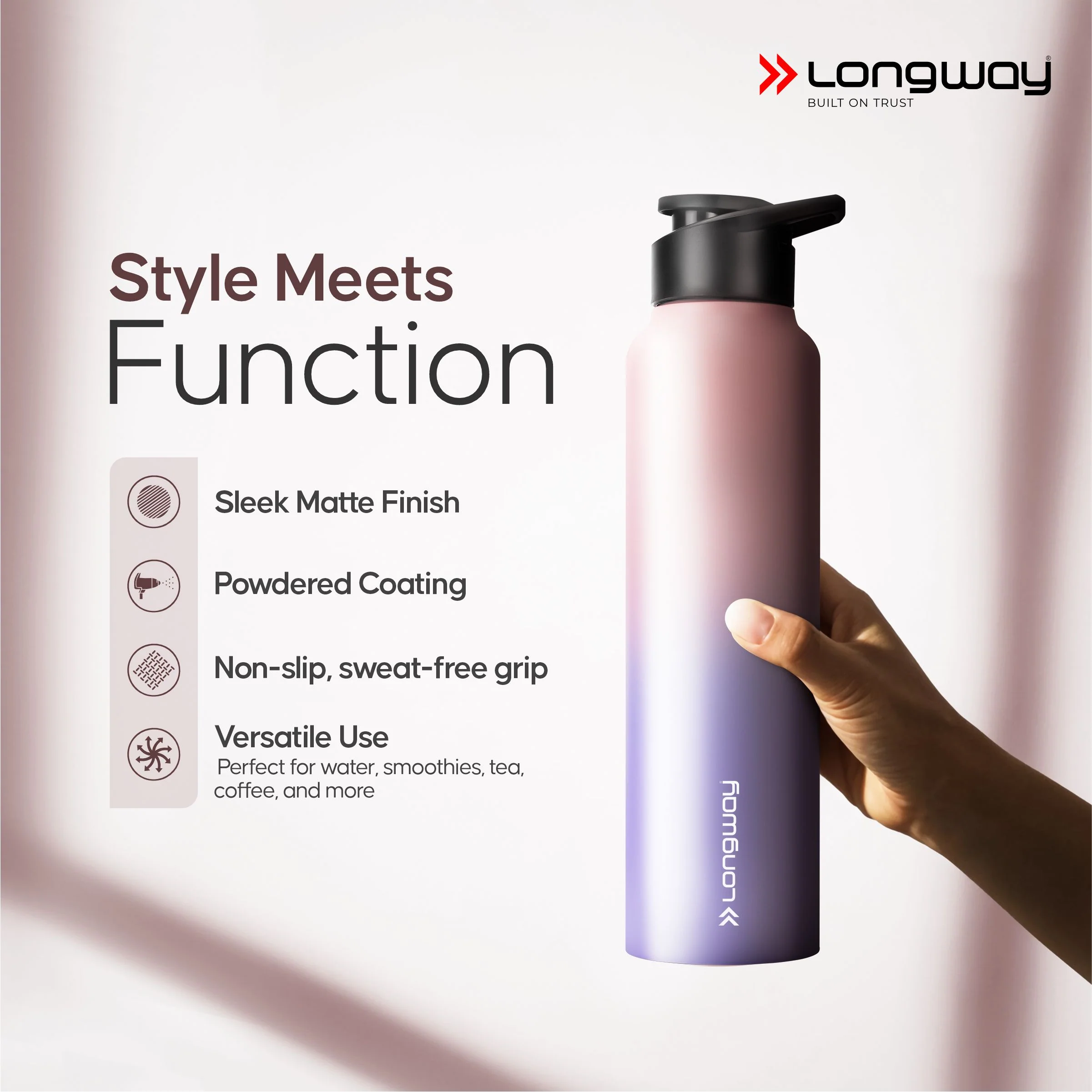 Longway Rush 1 Ltr Stainless Steel Water Bottle | Leak-Proof & Rust-Free Design | Perfect for School, Office, Home, Gym, Travel & Ideal for Men, Women & Kids (1000 ml, Aqua-Rose) - Image 5