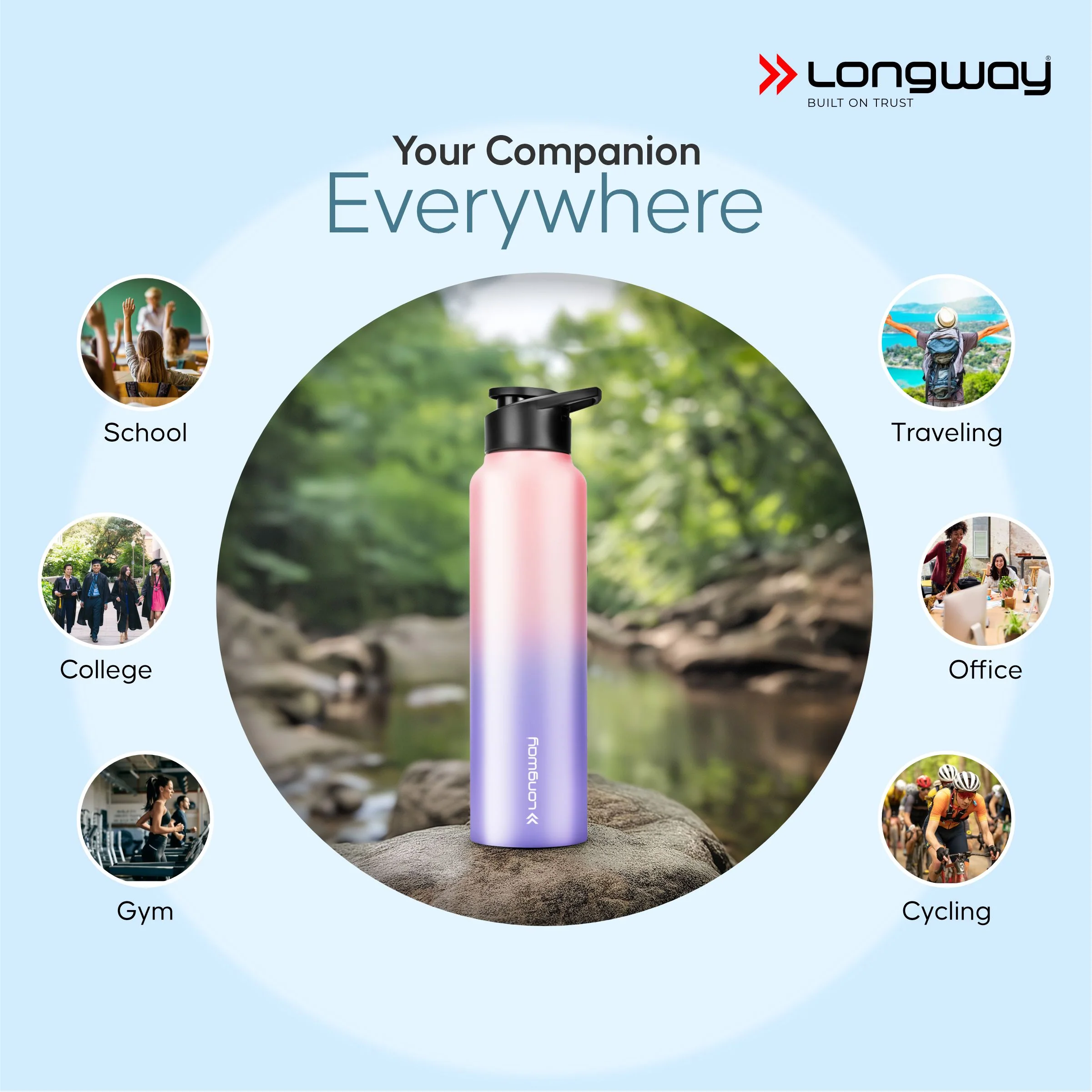 Longway Rush 1 Ltr Stainless Steel Water Bottle | Leak-Proof & Rust-Free Design | Perfect for School, Office, Home, Gym, Travel & Ideal for Men, Women & Kids (1000 ml, Aqua-Rose) - Image 7