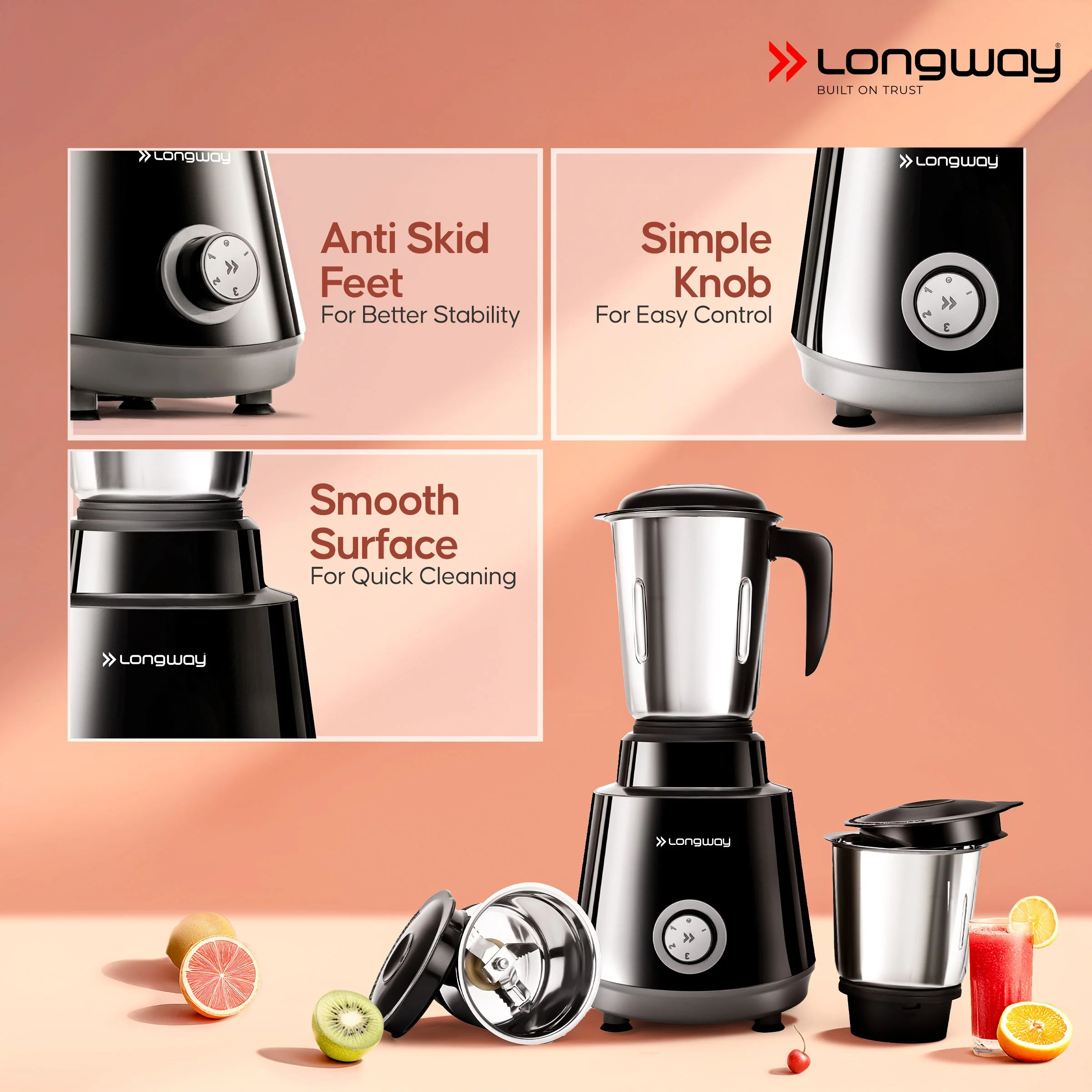 Longway Super Pro Juicer Mixer Grinder | Up to 700 - 750 Watt Powerful Motor | for Grinding, Mixing, Juicing | 2 Year Warranty - Image 7