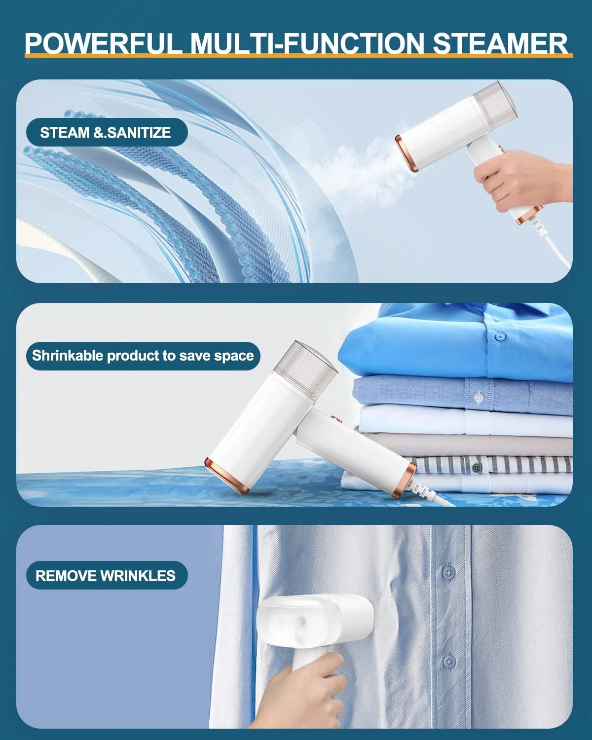 Longway Turbo 1000W Garment Steamer for Clothes | Foldable, Leak Proof, 248°F Steam with Fabric Brush & 120ml Water Tank | Powerful Steamer for Clothes (White) - Image 8