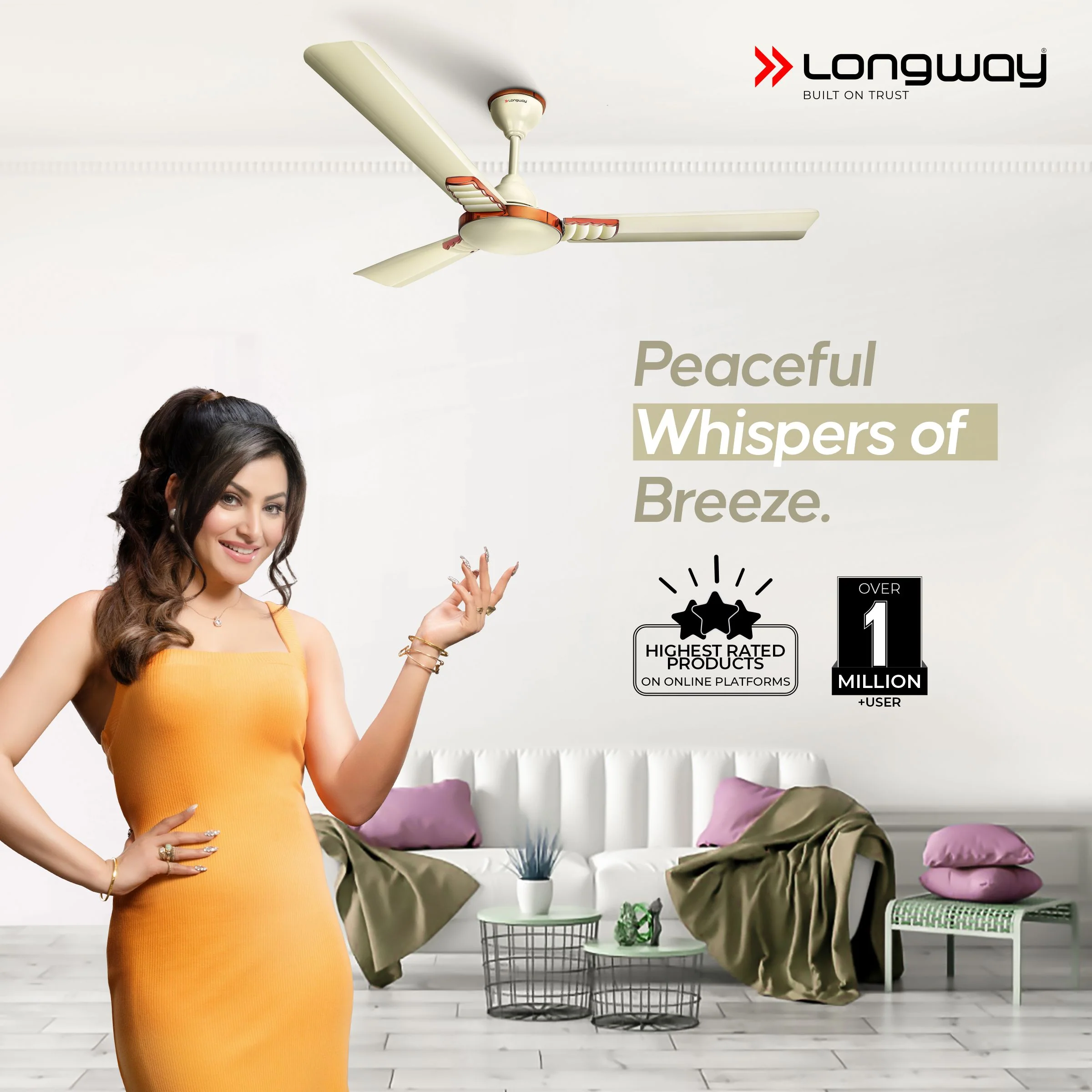 Longway Wave P2 1200 mm/48 inch 400 RPM Ultra High Speed 3 Blade Star Rated Anti-Dust Decorative Ceiling Fan (Pack of 2) - Image 11