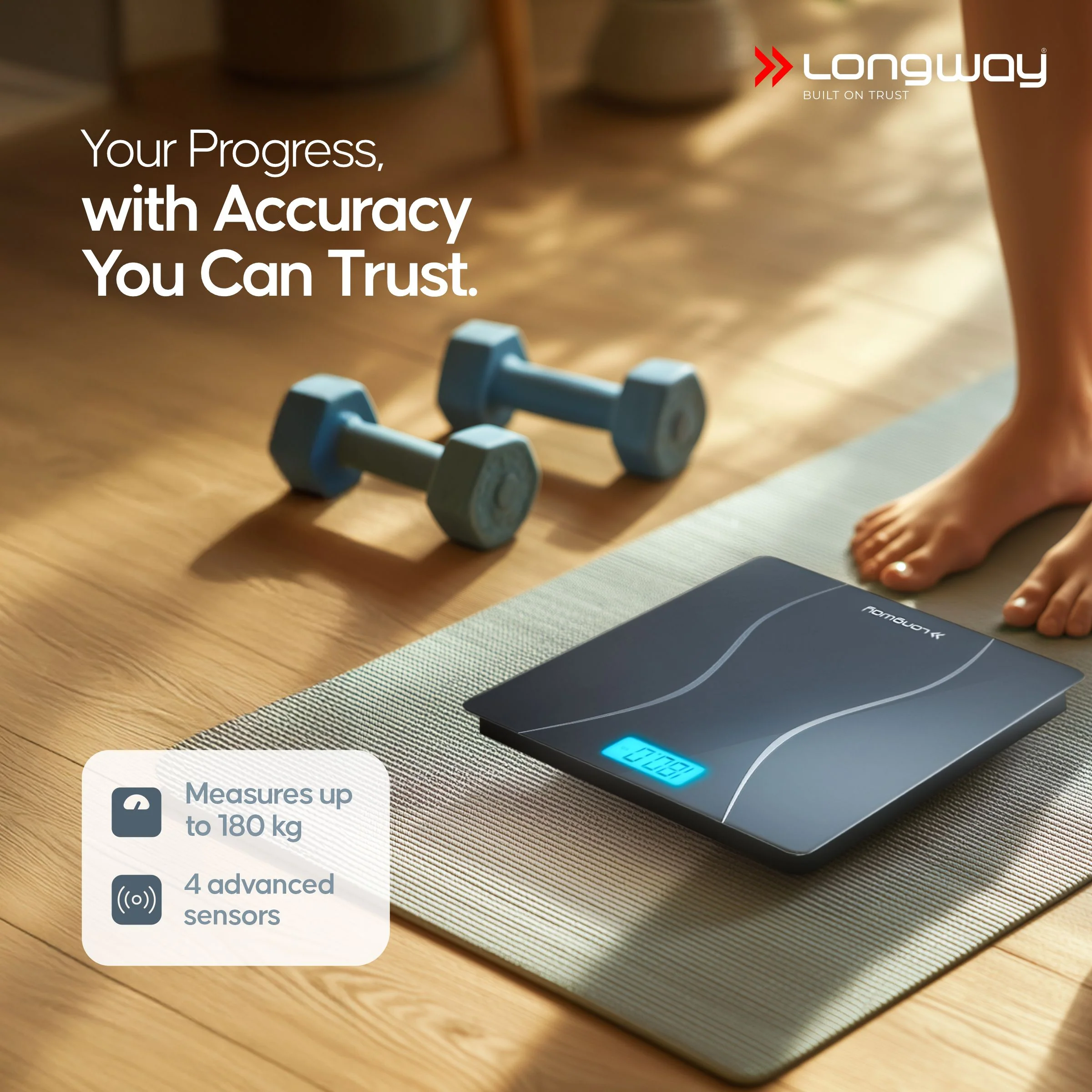 Longway Weight Machine for Home | Digital Bathroom Scale for Human Body Weight Measurement | Extra Thick Tempered Glass with LCD Display (36 Months Warranty | Black | Max Weight 180Kgs | Aura) - Image 3
