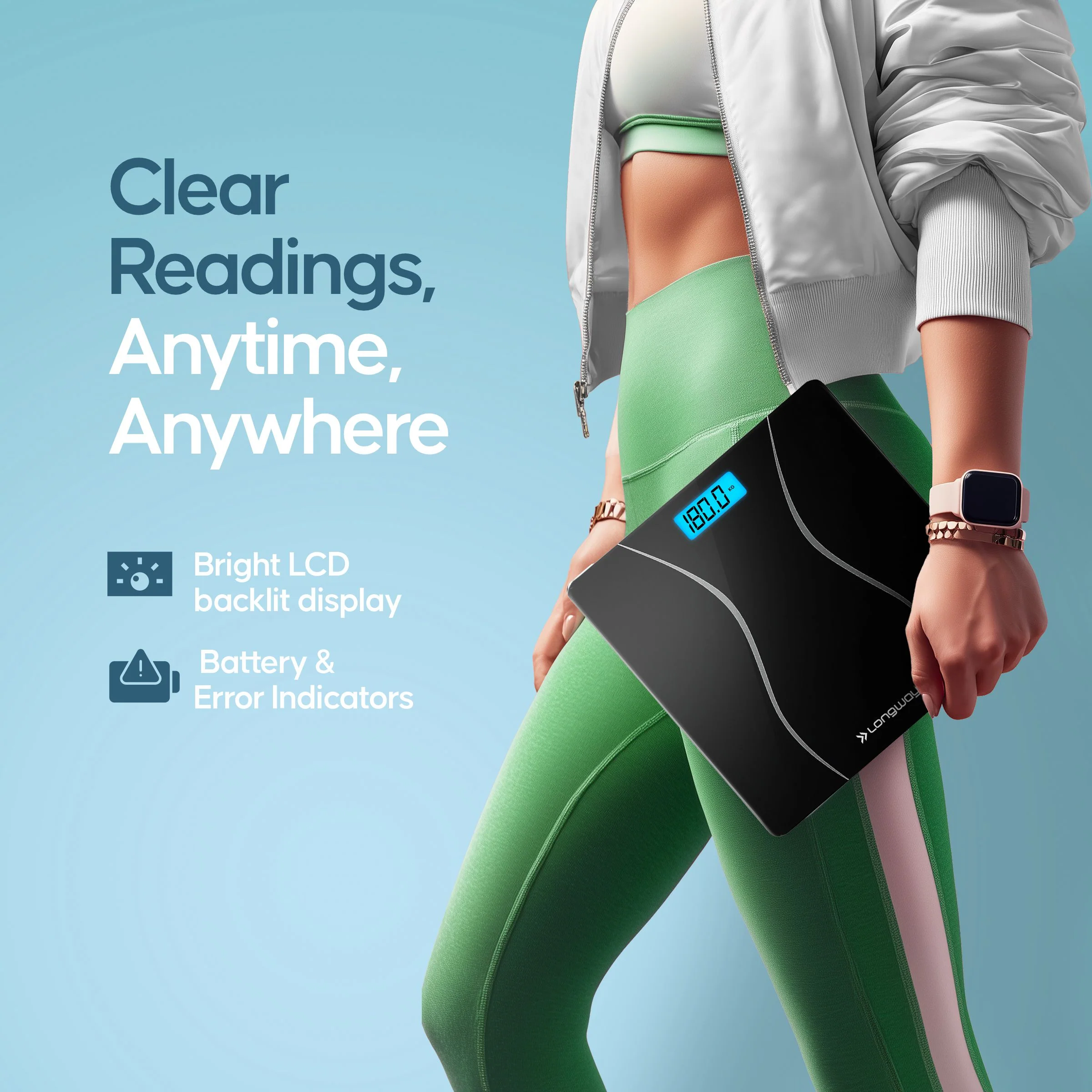 Longway Weight Machine for Home | Digital Bathroom Scale for Human Body Weight Measurement | Extra Thick Tempered Glass with LCD Display (36 Months Warranty | Black | Max Weight 180Kgs | Aura) - Image 6