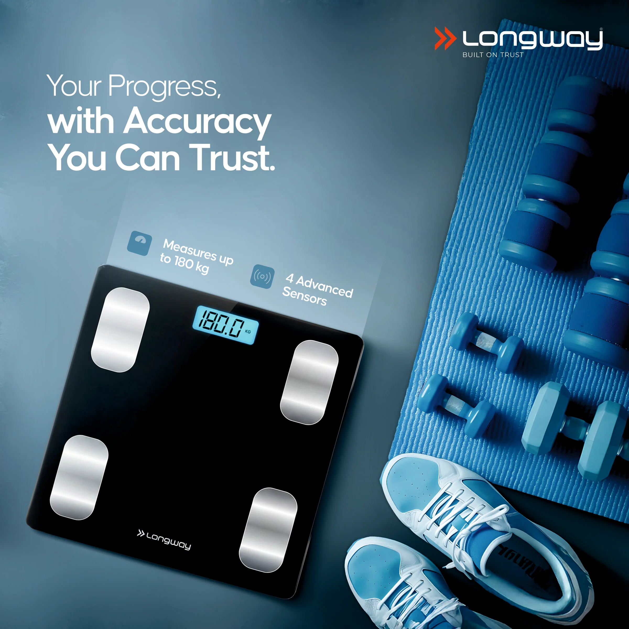 Longway Weight Machine for Home | Digital Bathroom Scale for Human Body Weight Measurement | Extra Thick Tempered Glass with LCD Display (36 Months Warranty | Black | Max Weight 180Kgs | Core) - Image 3