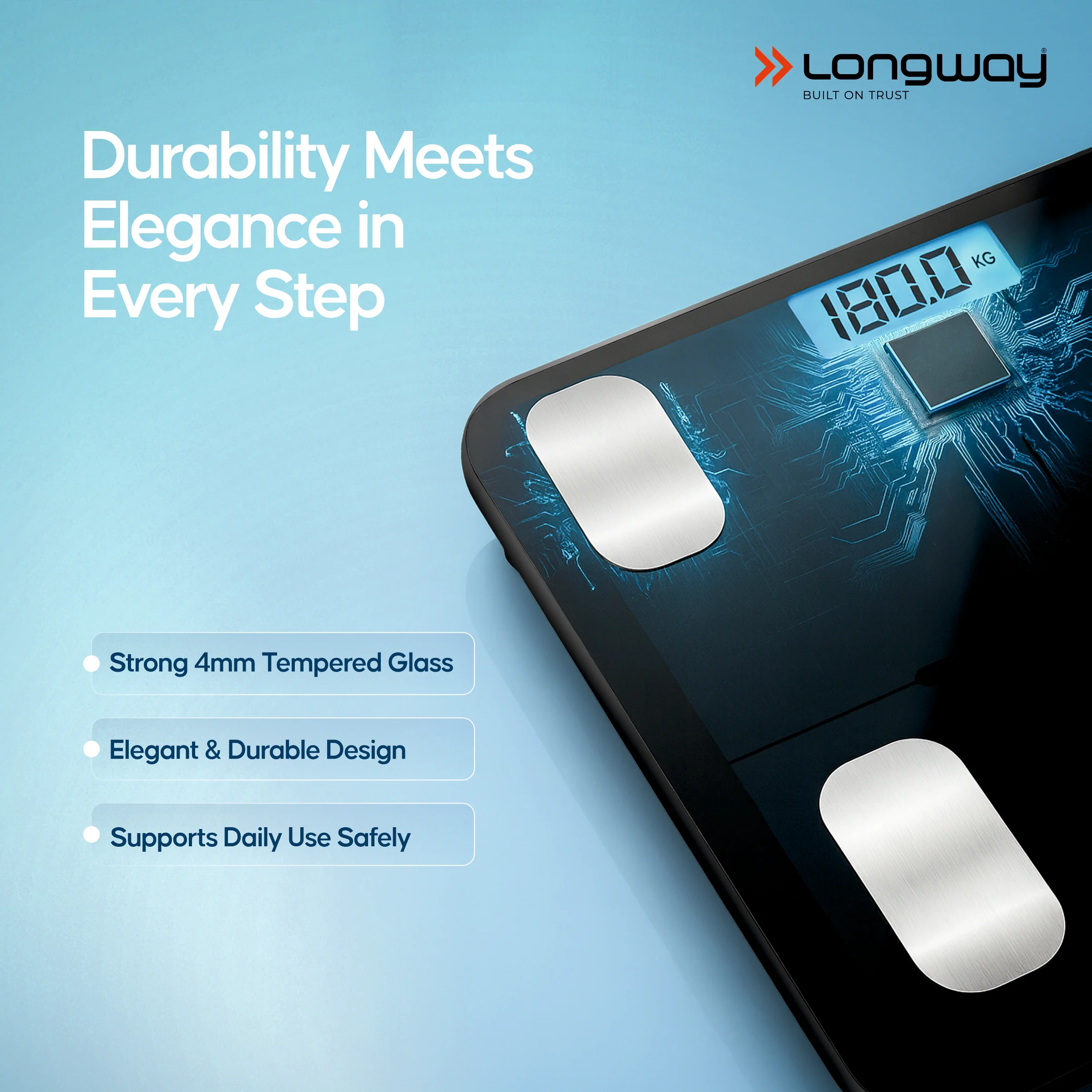 Longway Weight Machine for Home | Digital Bathroom Scale for Human Body Weight Measurement | Extra Thick Tempered Glass with LCD Display (36 Months Warranty | Black | Max Weight 180Kgs | Core) - Image 5