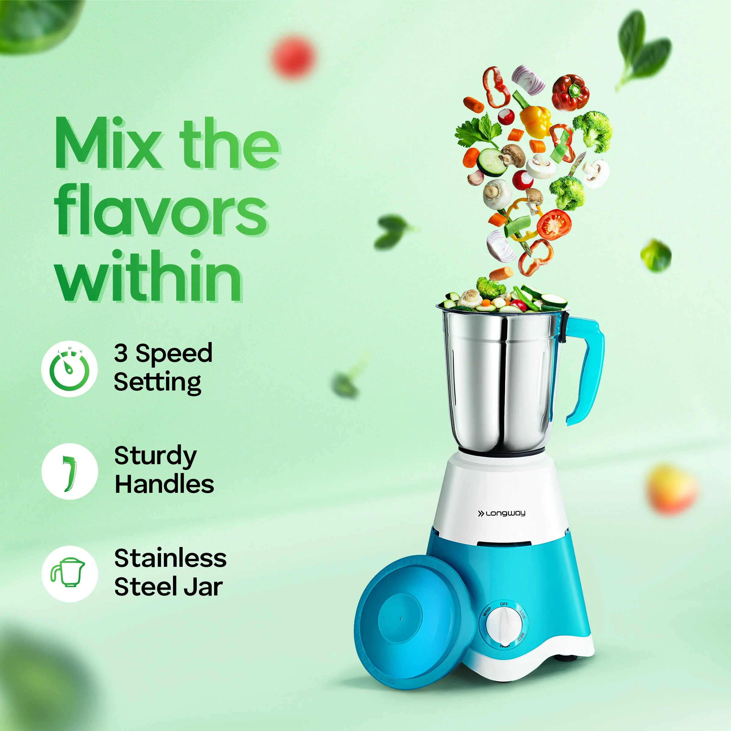 Longway Super Dlx Mixer Grinder with Kwid 1100W Dry Iron | Up to 700 Watt Powerful Motor | 3 Jars for Grinding, Mixing, Juicing | 2 Years Warranty (Blue & White, Combo Offer) - Image 3