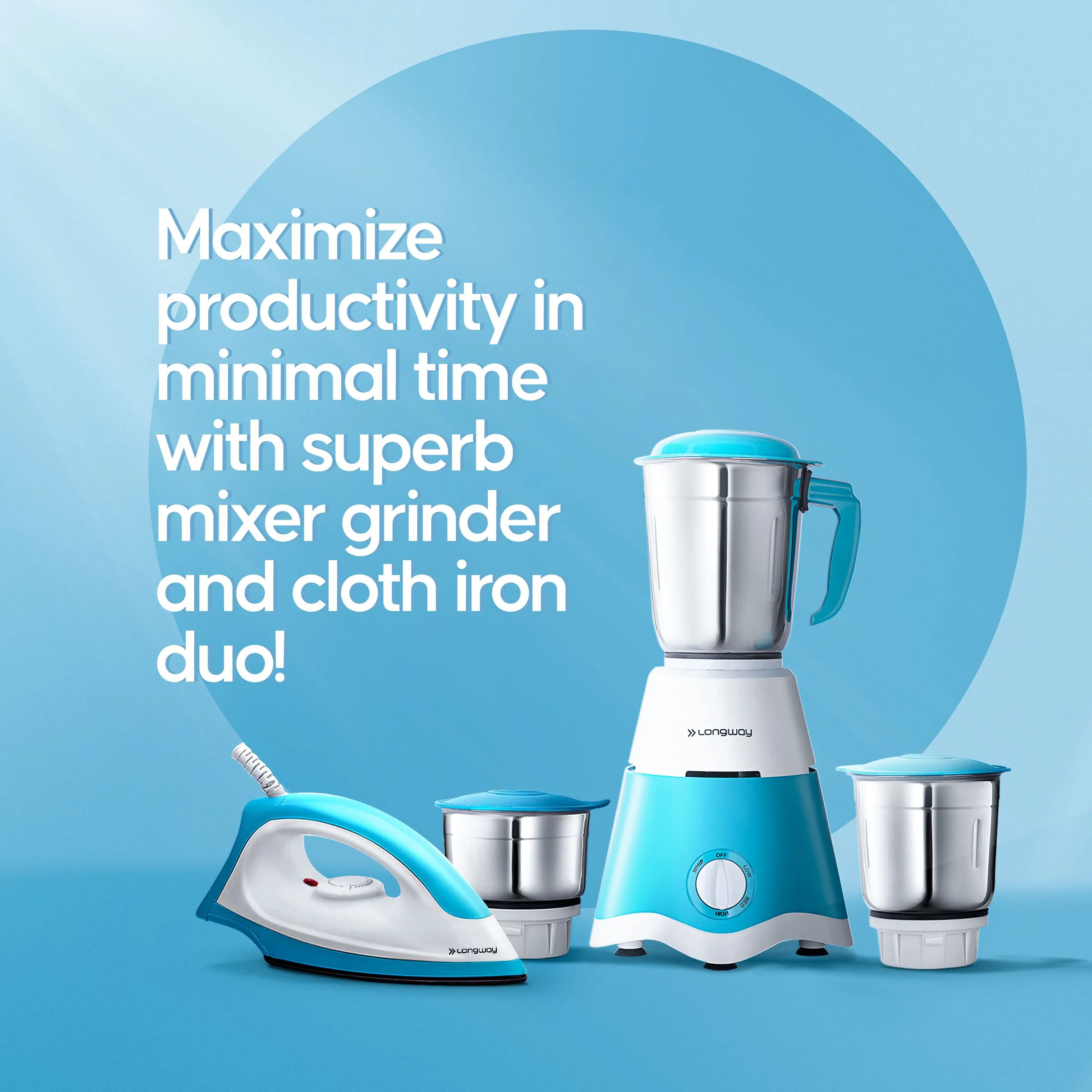Longway Super Dlx Mixer Grinder with Kwid 1100W Dry Iron | Up to 700 Watt Powerful Motor | 3 Jars for Grinding, Mixing, Juicing | 2 Years Warranty (Blue & White, Combo Offer) - Image 8