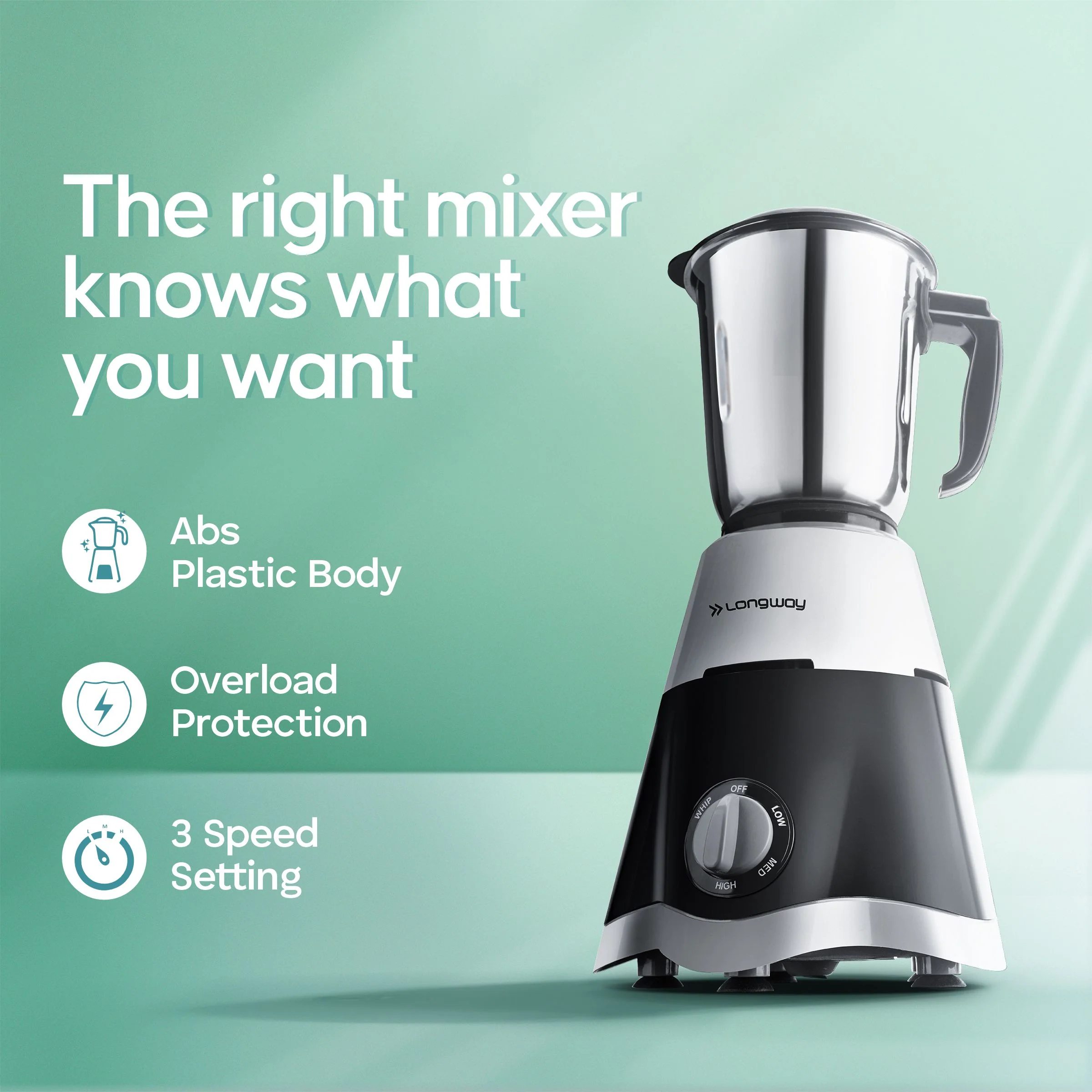 Longway Super Dlx Mixer Grinder | Up to 700 Watt Powerful Motor | 3 Jars for Grinding, Mixing, Juicing | 2 Years Warranty (Black & Gray, 3 Jars) - Image 3
