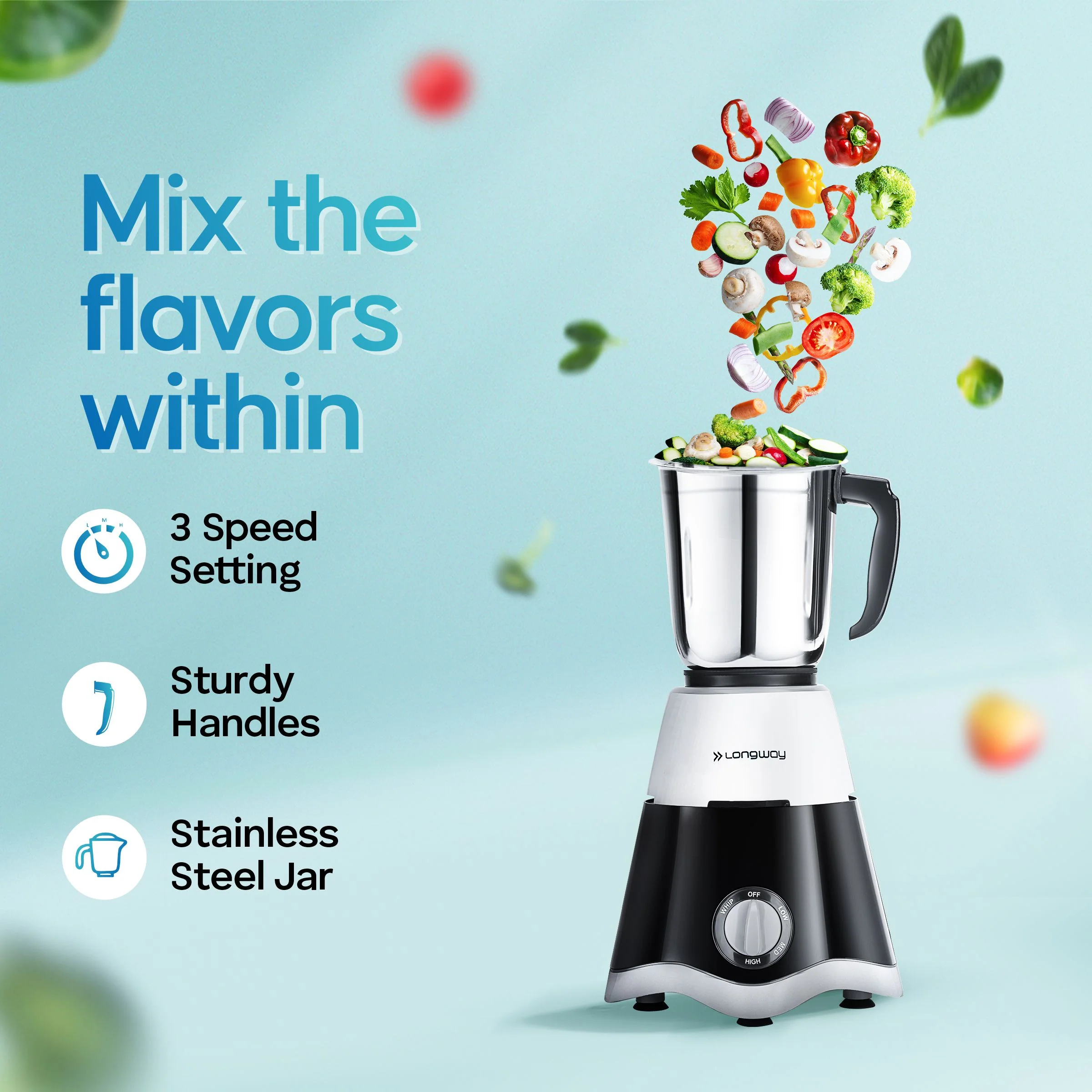 Longway Super Dlx Mixer Grinder with Kwid 1100W Dry Iron | Up to 700 Watt Powerful Motor | 3 Jars for Grinding, Mixing, Juicing | 2 Years Warranty (Black & Gray, Combo Offer) - Image 3
