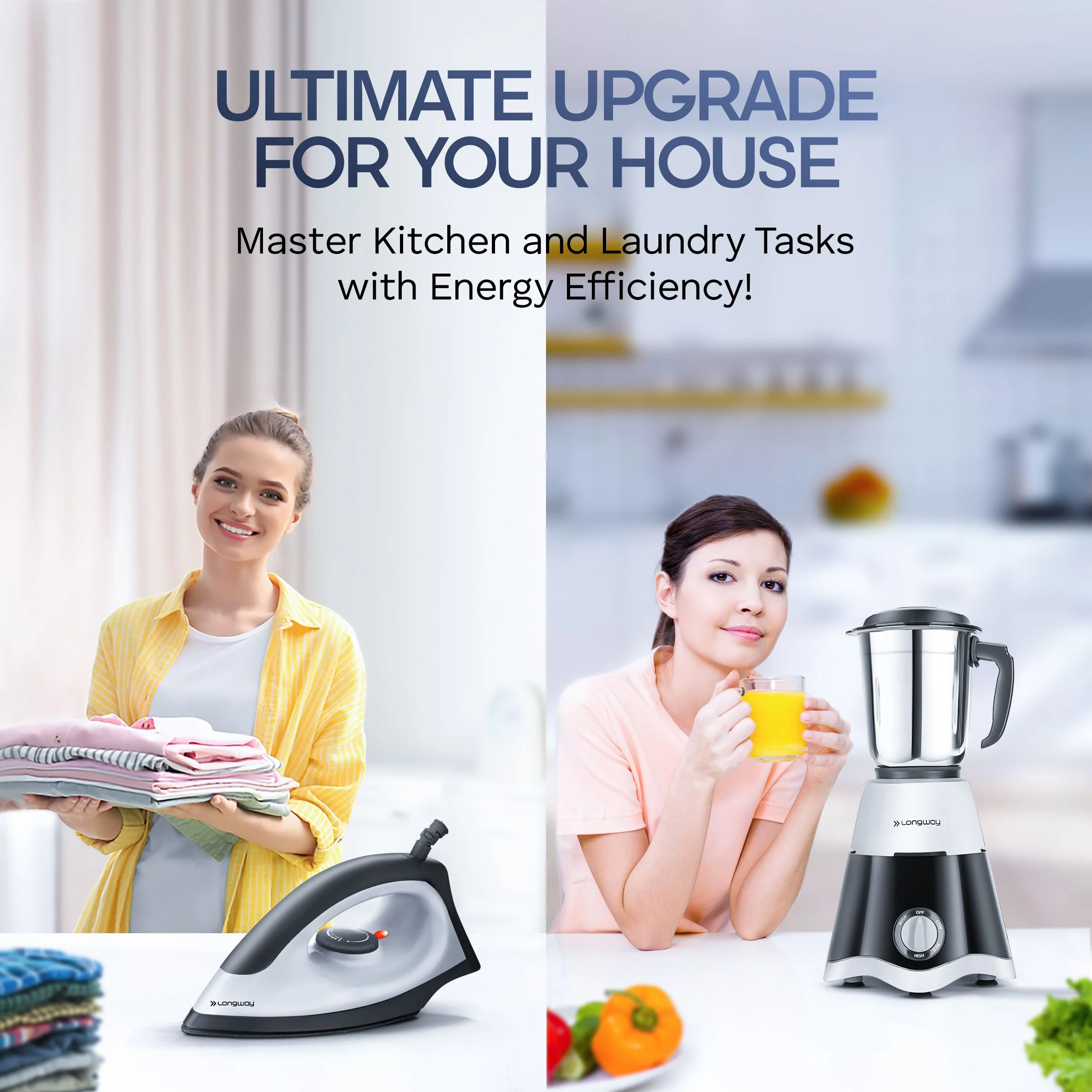 Longway Super Dlx Mixer Grinder with Kwid 1100W Dry Iron | Up to 700 Watt Powerful Motor | 3 Jars for Grinding, Mixing, Juicing | 2 Years Warranty (Black & Gray, Combo Offer) - Image 7