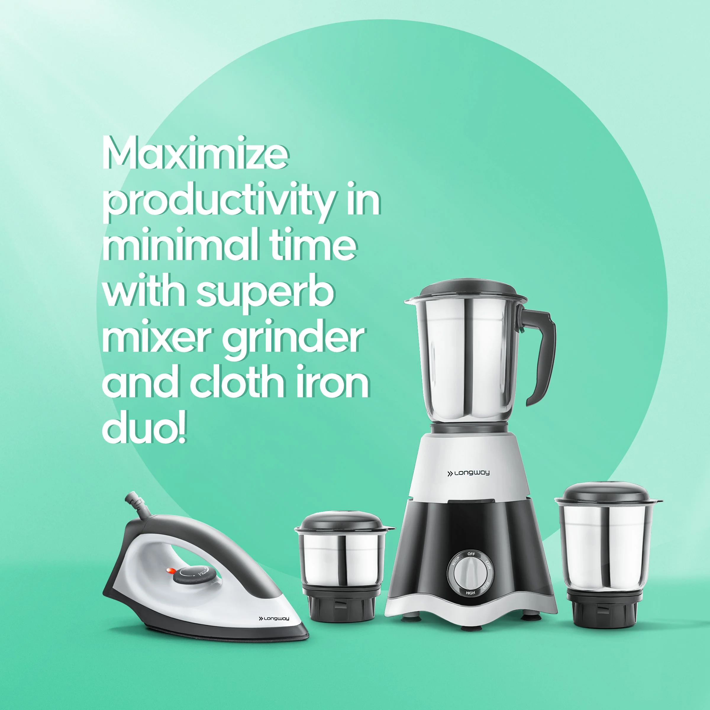 Longway Super Dlx Mixer Grinder with Kwid 1100W Dry Iron | Up to 700 Watt Powerful Motor | 3 Jars for Grinding, Mixing, Juicing | 2 Years Warranty (Black & Gray, Combo Offer) - Image 8