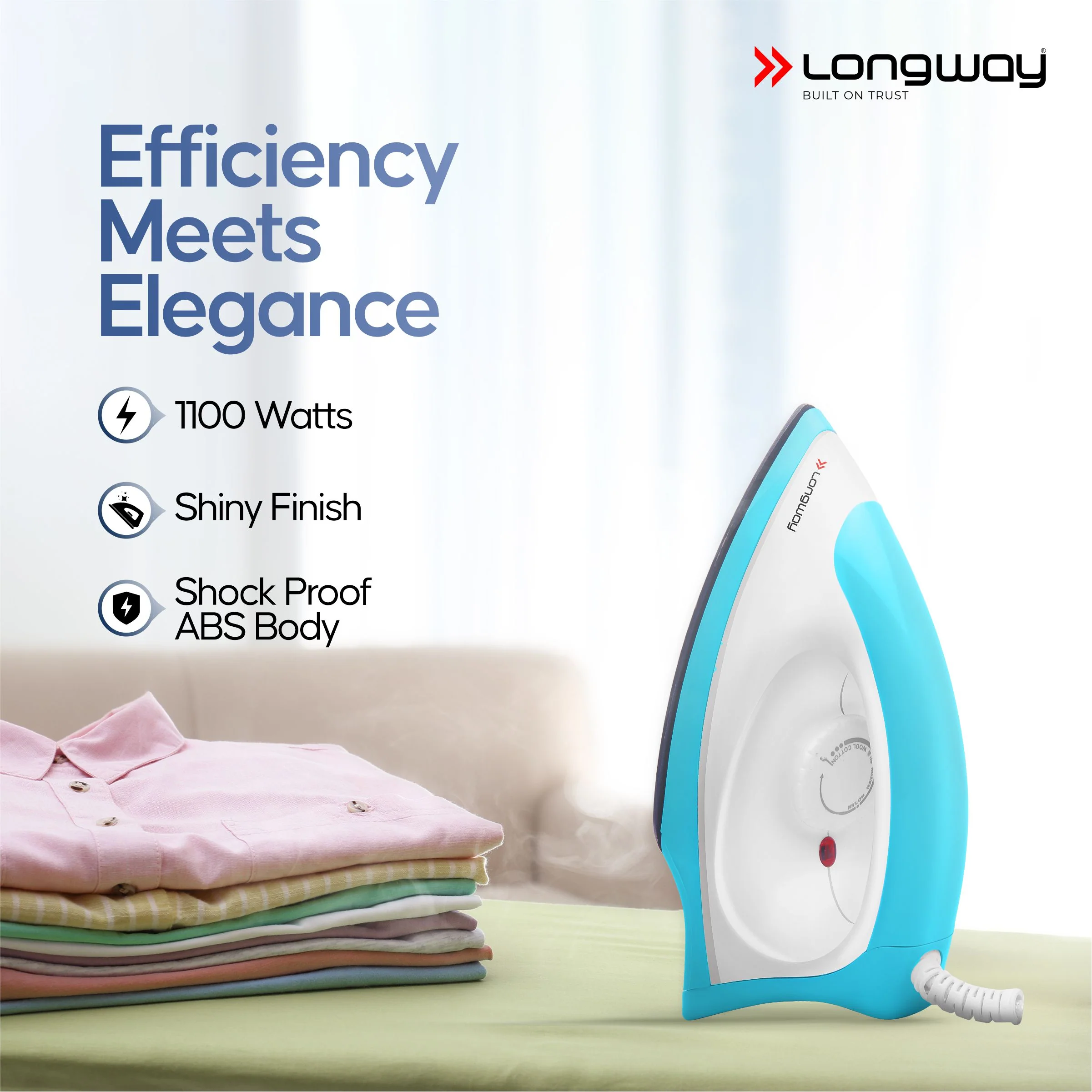 Longway Kwid Light Weight Non-Stick Teflon Coated Dry Iron, Electric Iron for Clothes | 2 Years Warranty | (1100 Watt, Blue) - Image 3