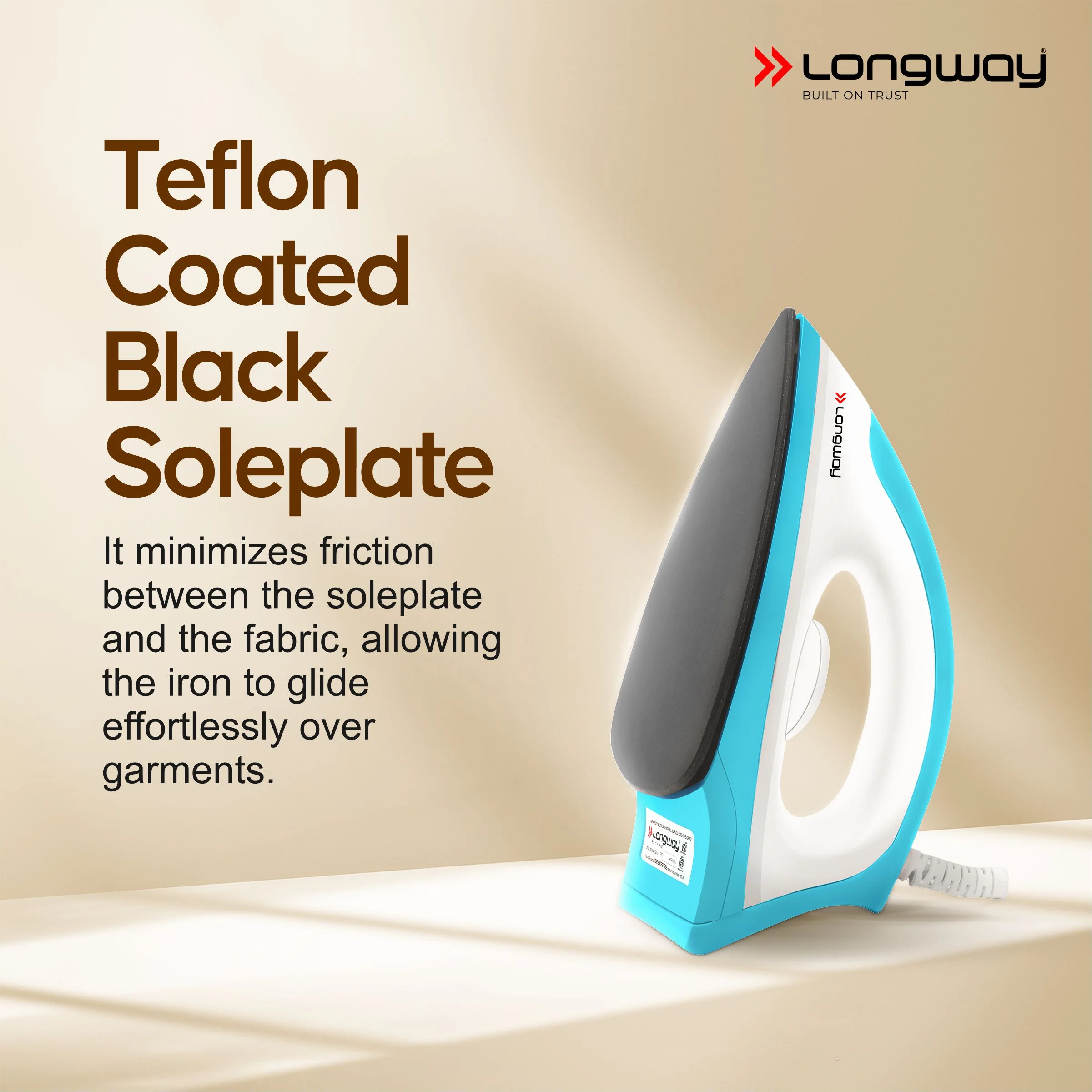 Longway Kwid Light Weight Non-Stick Teflon Coated Dry Iron, Electric Iron for Clothes | 2 Years Warranty | (1100 Watt, Blue) - Image 4