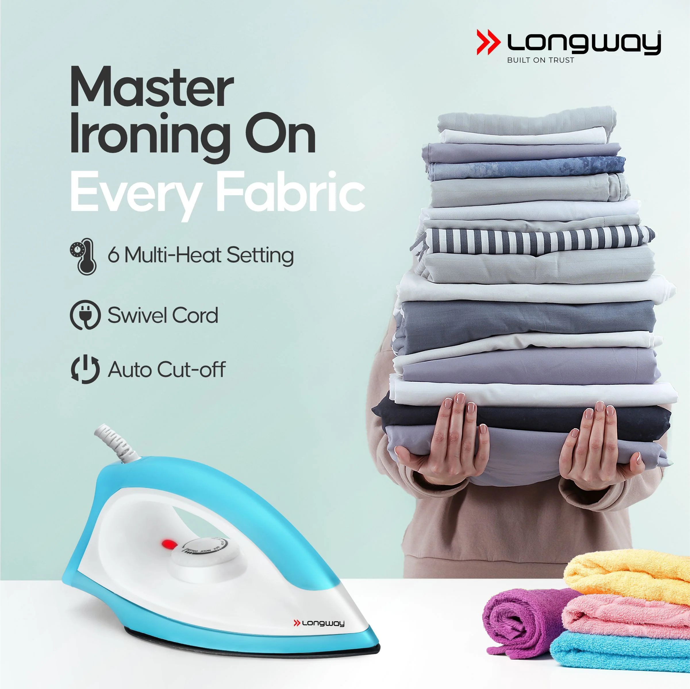 Longway Kwid Light Weight Non-Stick Teflon Coated Dry Iron, Electric Iron for Clothes | 2 Years Warranty | (1100 Watt, Blue) - Image 6