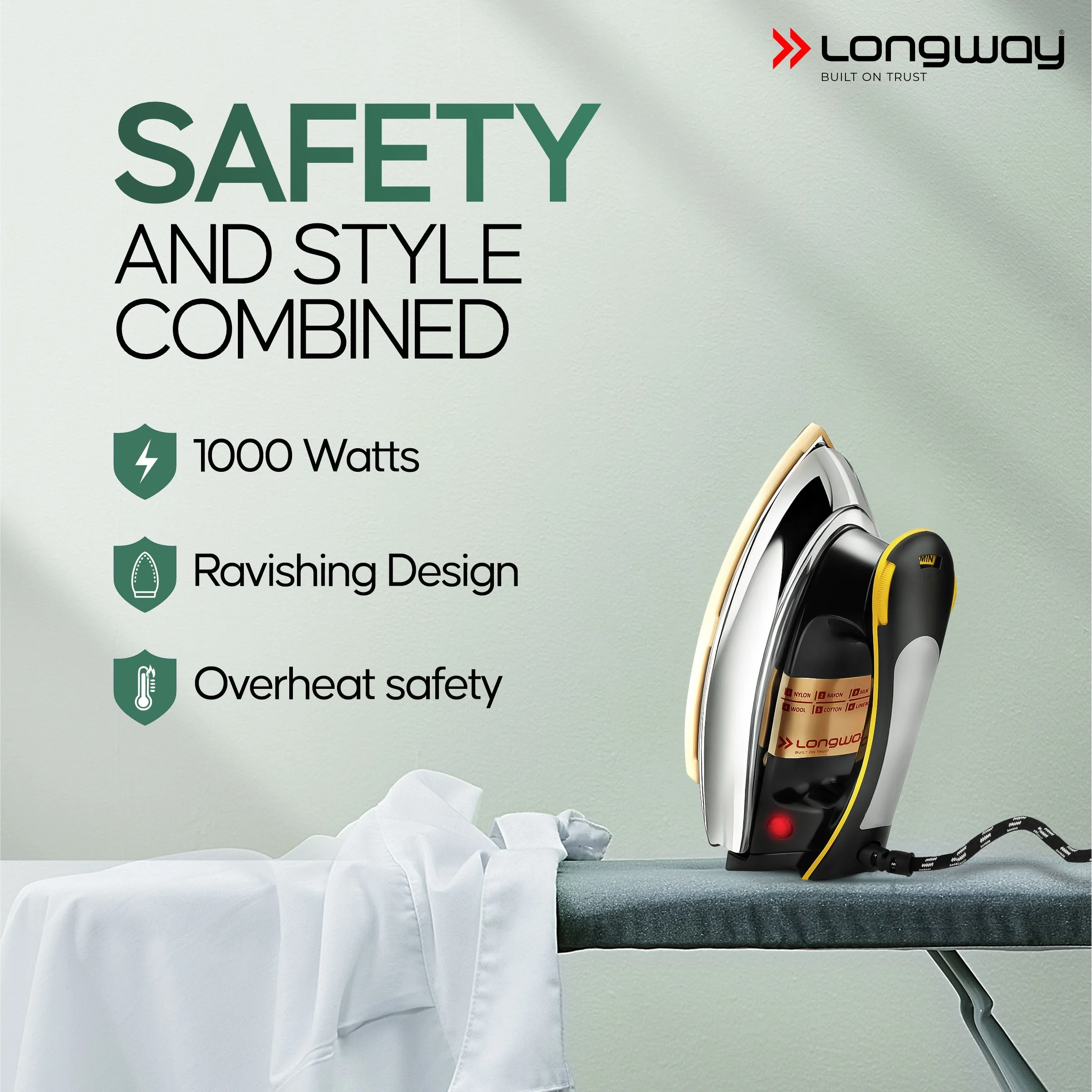 Longway Plancha Heavy Weight Non-Stick Teflon Coated Dry Iron, Electric Iron for Clothes | 2 Years Warranty | (1000 Watt, Black) - Image 3