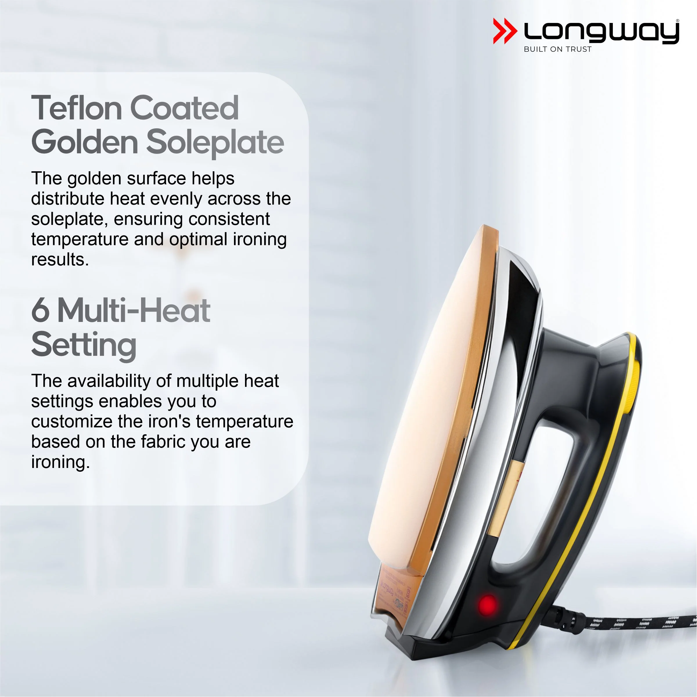 Longway Plancha Heavy Weight Non-Stick Teflon Coated Dry Iron, Electric Iron for Clothes | 2 Years Warranty | (1000 Watt, Black) - Image 4