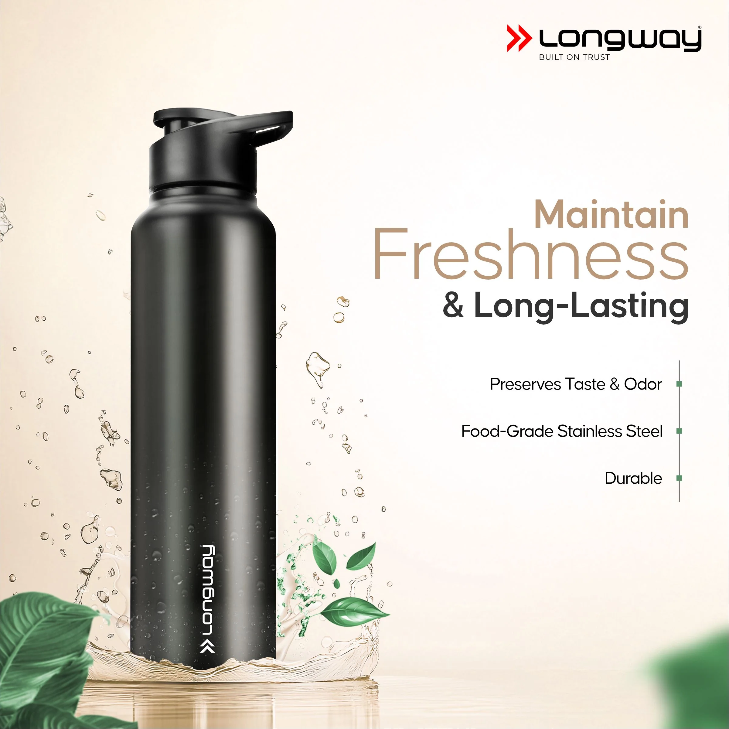 Longway Rush 1 Ltr Stainless Steel Water Bottle | Leak-Proof & Rust-Free Design | Perfect for School, Office, Home, Gym, Travel & Ideal for Men, Women & Kids (1000 ml) - Image 3