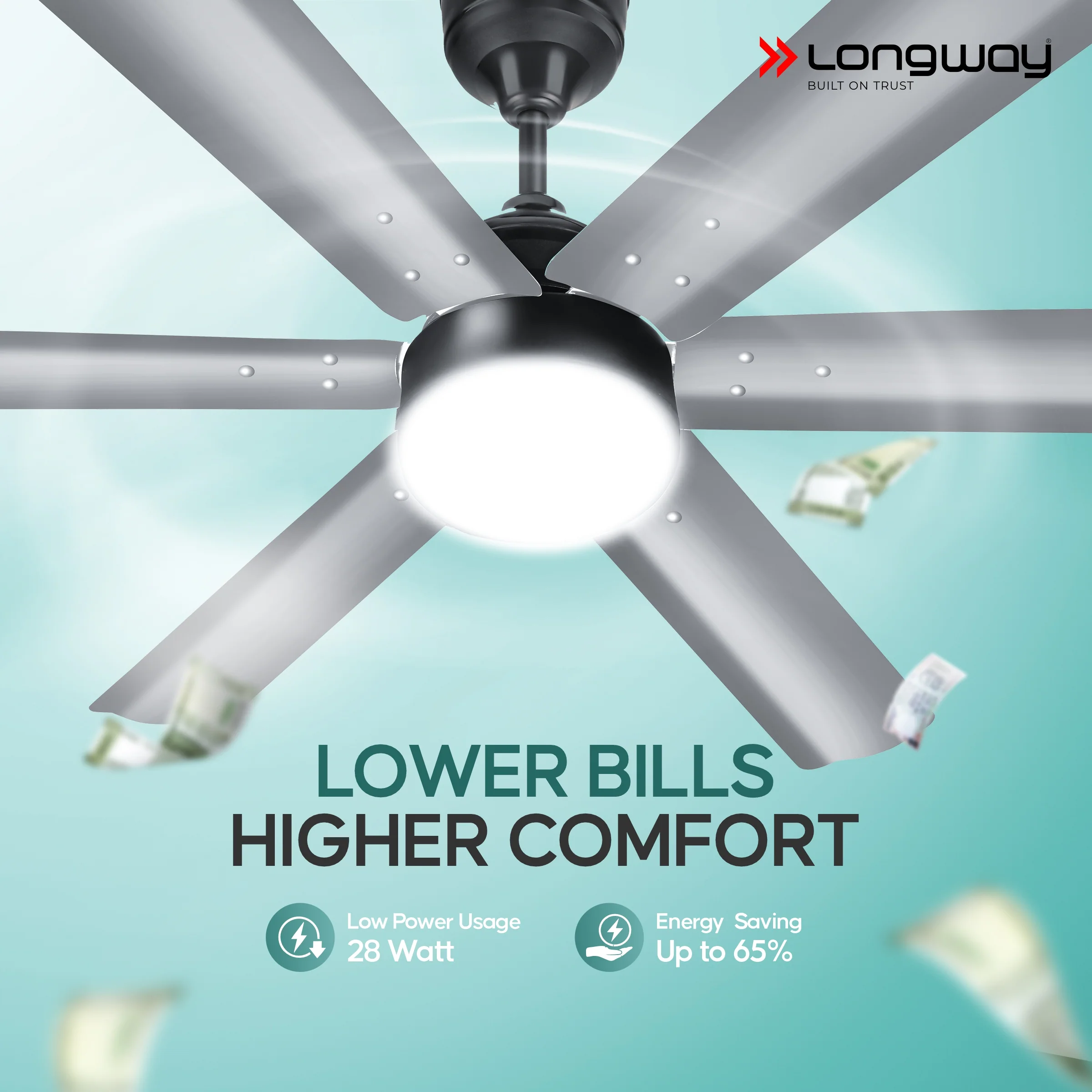 Longway Luminair 1200 mm BLDC Ceiling Fan with Remote Control & LED Light | BEE 5 Star Rated Energy Efficient | Ultra High Speed 6 Blade Anti-Dust Decorative Ceiling Fan | 5 Years Warranty (Steel Gray, Pack of 1) - Image 3
